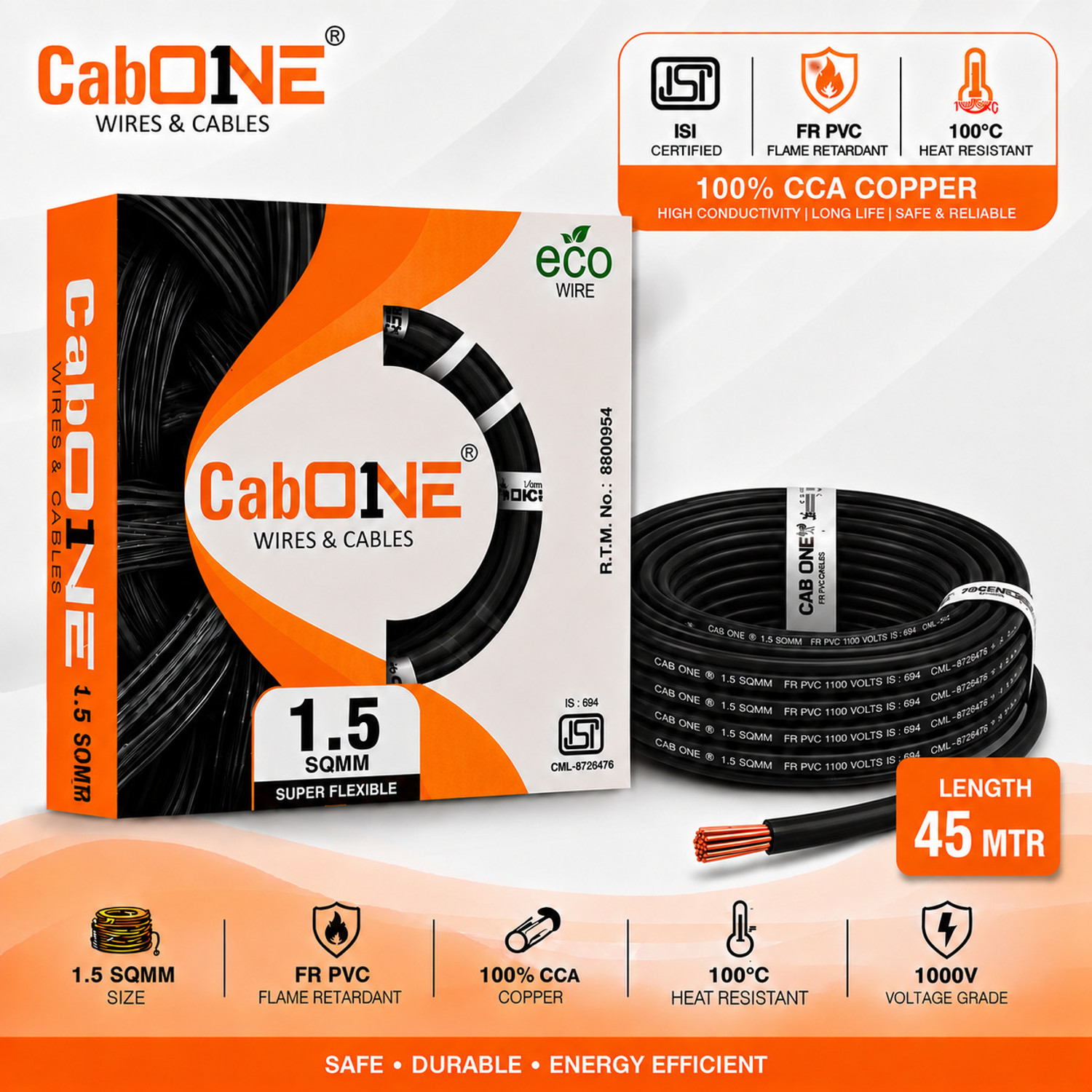 Image of CabONE Lite 1.5 Sqmm Electrical Wire|45M|Single Core|Copper|FR PVC Insulation Domestic 1.5 sq /mm Black 150 ft. Wire