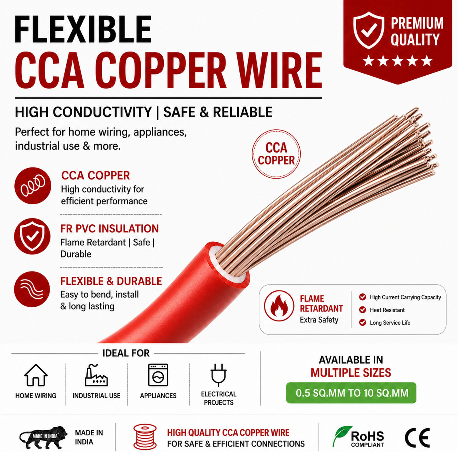Image of CabONE Lite 10.0 Sqmm CCA Copper Wire | 90m | Single Core | FR PVC Insulated | Domestic 10 sq /mm Red 300 ft. Wire