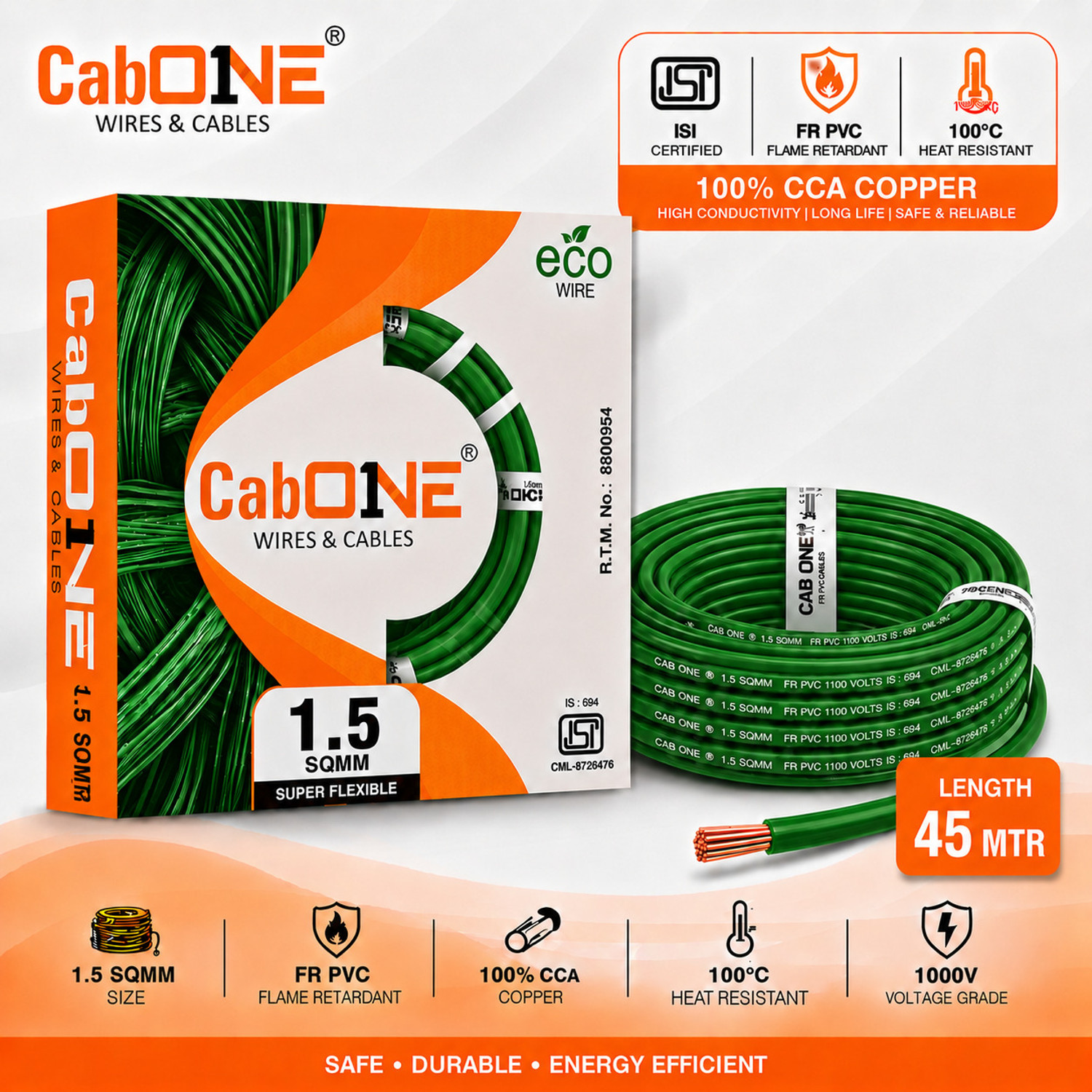 Image of CabONE Lite 1.5 Sqmm Electrical Wire|45M|Single Core|Copper|FR PVC Insulation Domestic 1.5 sq /mm Green 150 ft. Wire