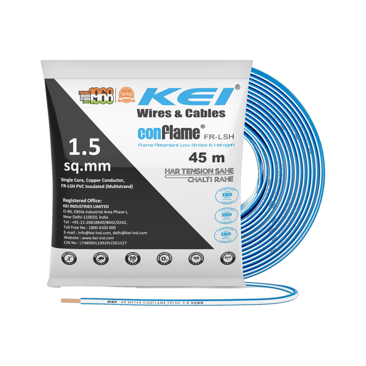 Image of KEI Conflame FRLSH,99.97% Pure Copper Conductor FRLSH PVC Insulated 1.5 Sq /mm Blue 45 m Wire