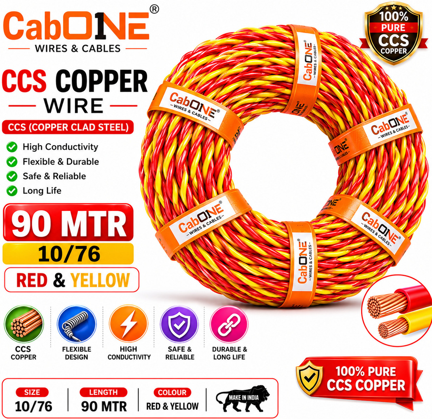 Image of CabONE 10 /76 PVC Flexible Twisted Copper Wire 2 Core Electric electrical Cable|90 MTR 0.25 sq /mm Red, Yellow 91 m Wire