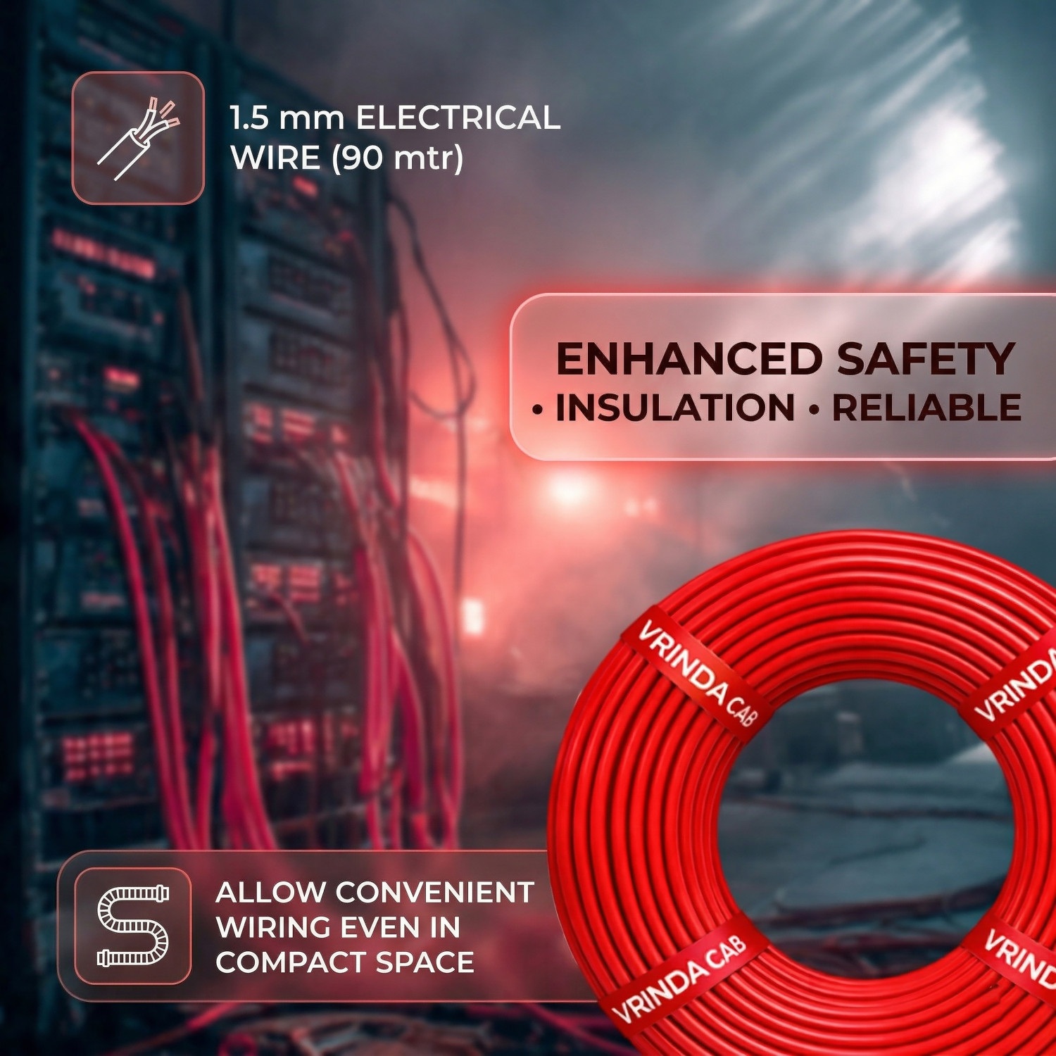 Image of VrindaCab Multi Strand CCA Cable | Flame Retardant House Wiring Wire for Domestic Use 1 sq /mm Red 90 m Wire