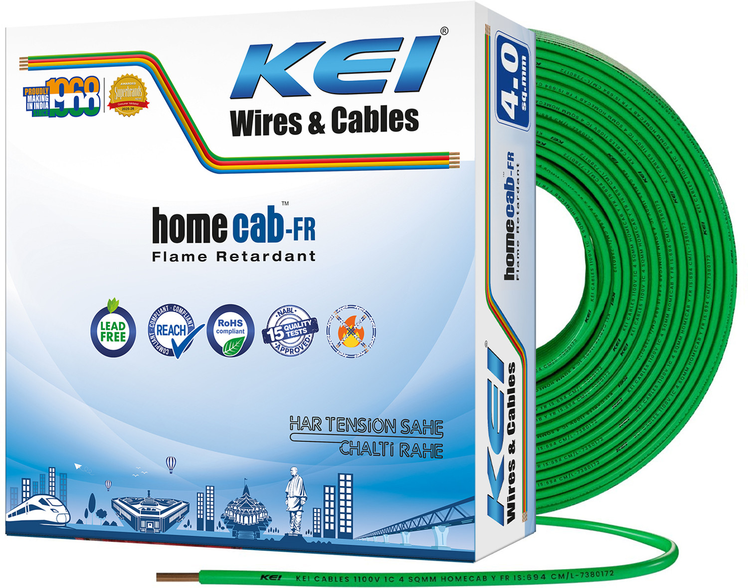 Image of KEI FR PVC 4 sq /mm Green 90 m Wire