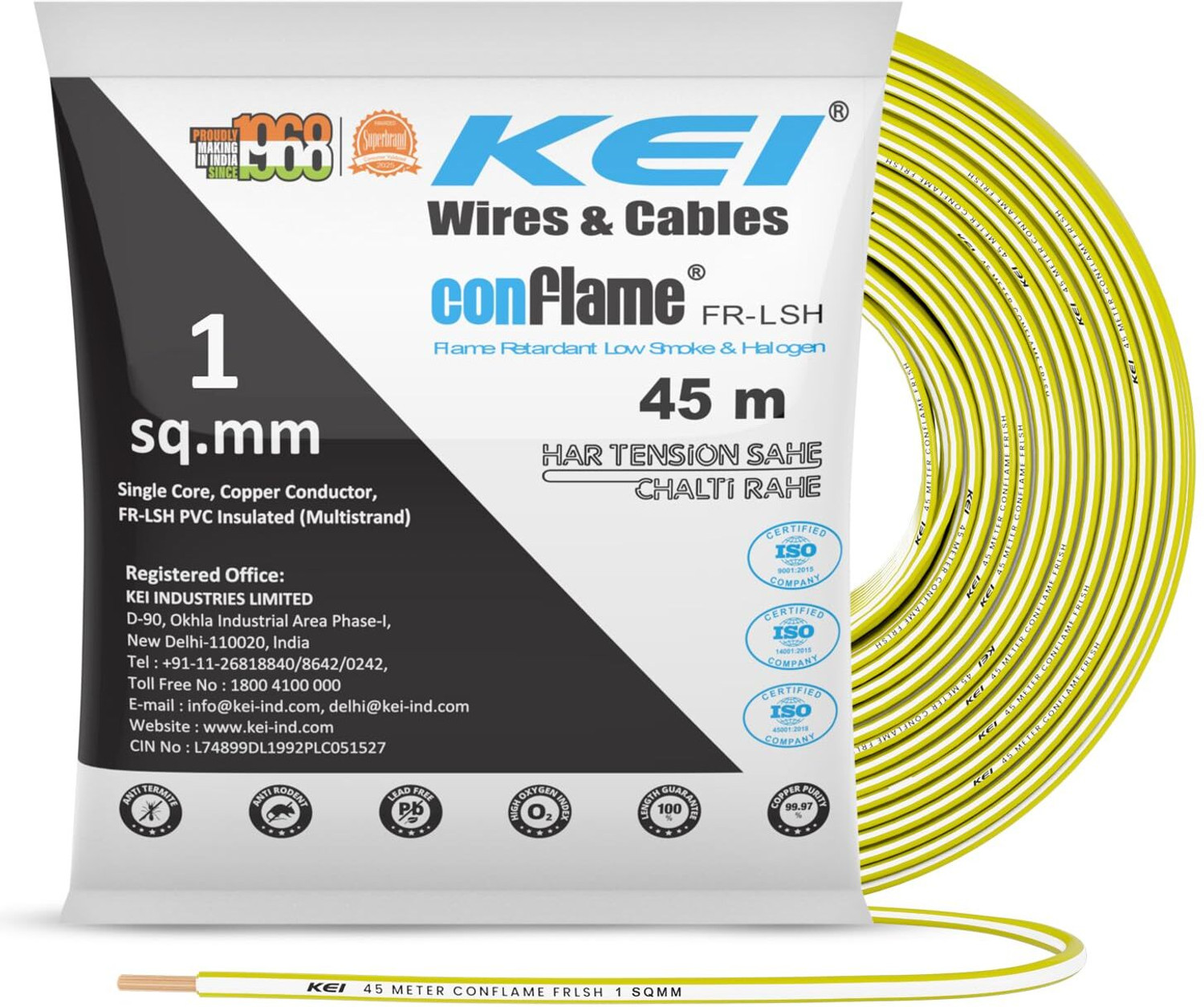 Image of KEI Conflame FRLSH,99.97% Pure Copper Conductor FRLSH PVC Insulated 1 Sq /mm Yellow 45 m Wire