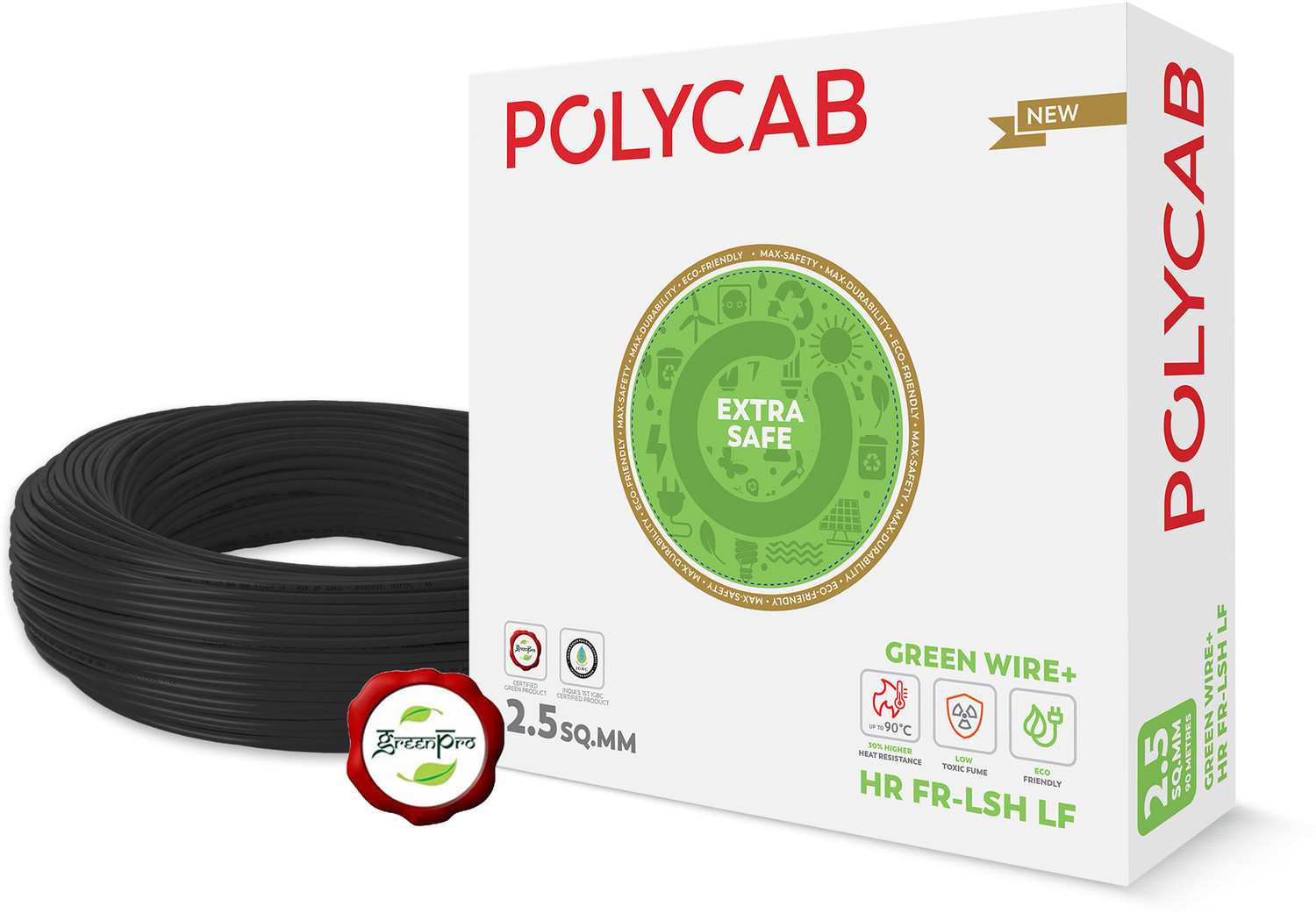 Image of Polycab Green Wire+ Heat resistant upto 900 C 99.97% high purity copper Eco friendly 2.5 sq /mm Black 90 m Wire