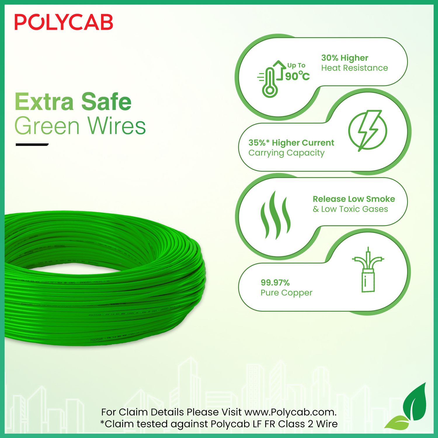 Image of Polycab Green Wire+ Heat resistant upto 900 C 99.97% high purity copper Eco friendly 1 sq /mm Red 90 m Wire