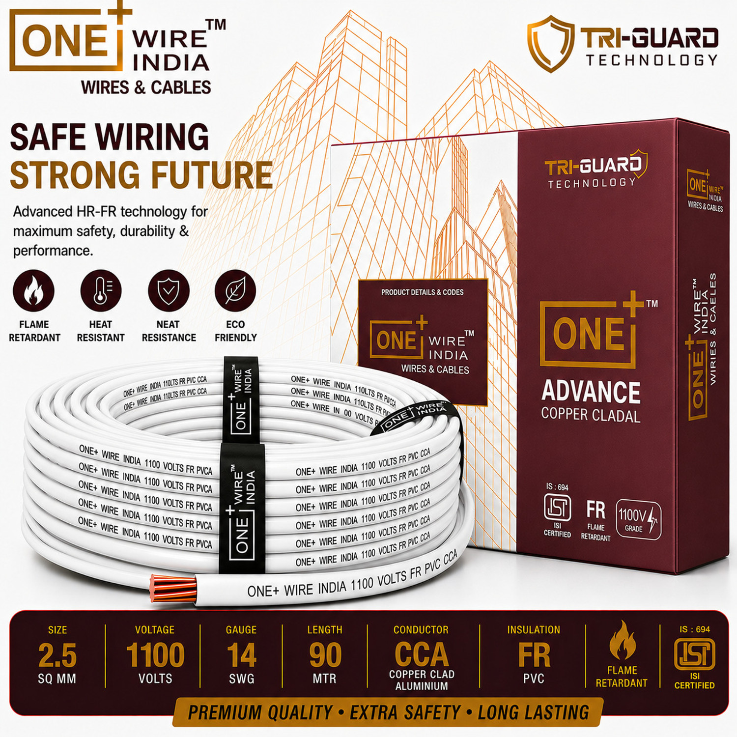 Image of ONE+WIRE INDIA 2.5 Sqmm Electrical Wire|90m|Single Core|Copper|FR PVC Insulation Domestic 2.5 sq /mm White 90 m Wire