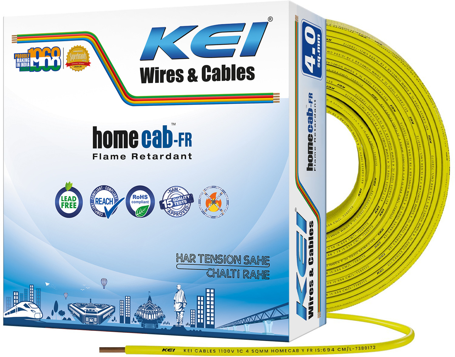 Image of KEI FR PVC 4 sq /mm Yellow 90 m Wire