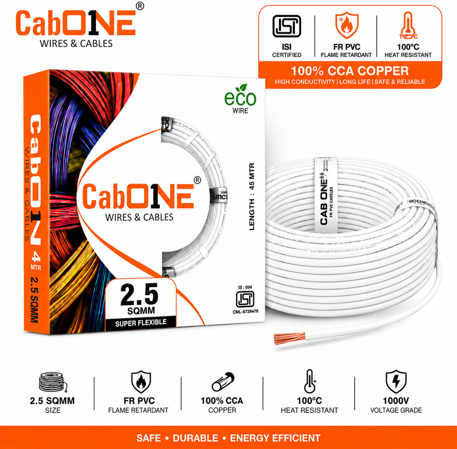 Image of CabONE Lite 2.5 Sqmm Electrical Wire|45M|Single Core|Copper|FR PVC Insulation Domestic 2.5 sq /mm White 150 ft. Wire