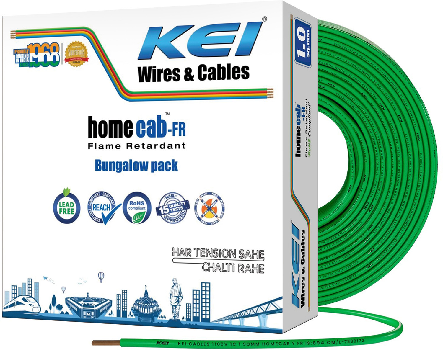 Image of KEI homecab, 99.97% Pure Copper Conductor FR PVC Insulated 1 sq /mm Green 180 m Wire
