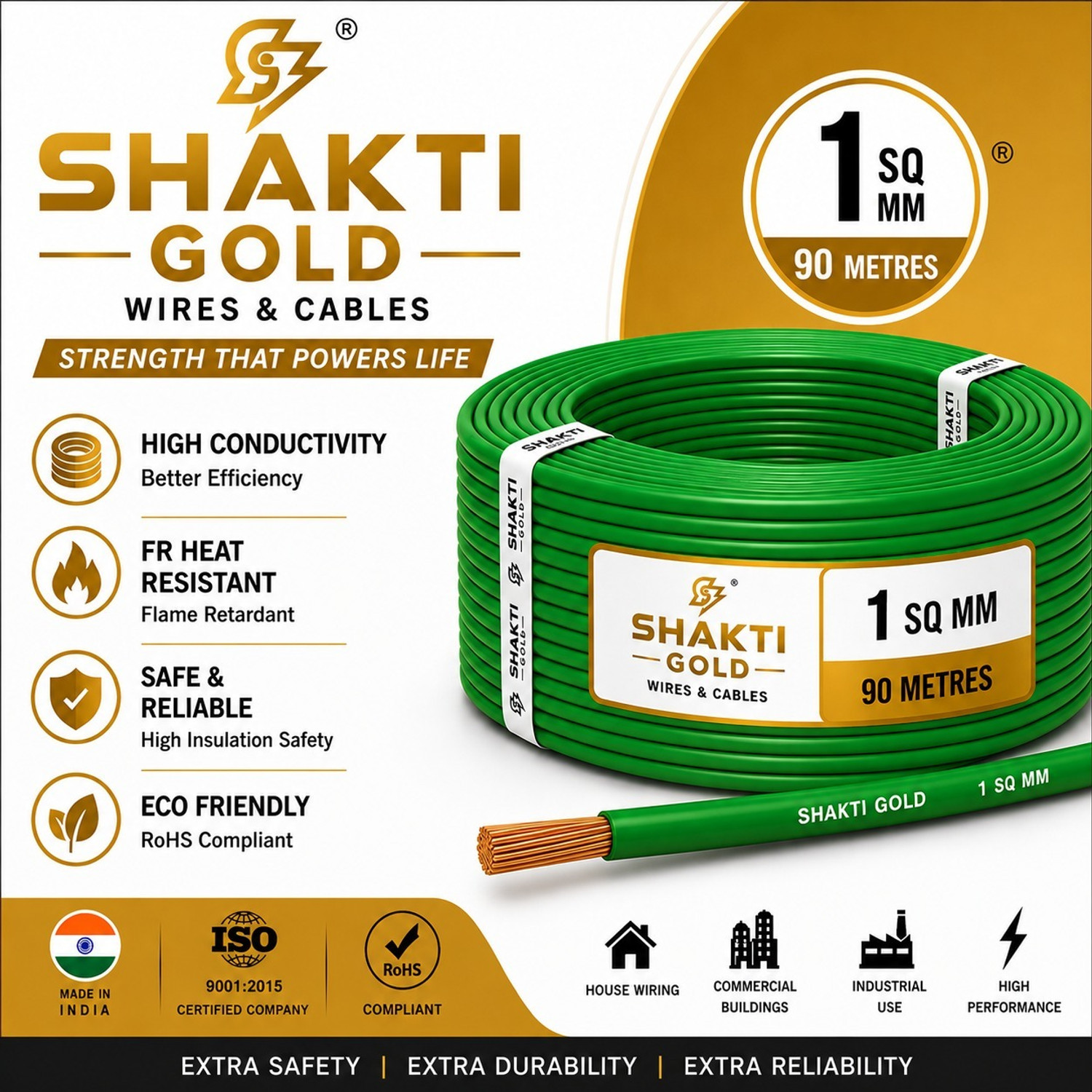 Image of Shakti COPPER 1.0 sqmm| 90 MTR |FR PVC |Multi Strand |Electric Electrical Wire Cable 1 sq /mm Green 90 m Wire