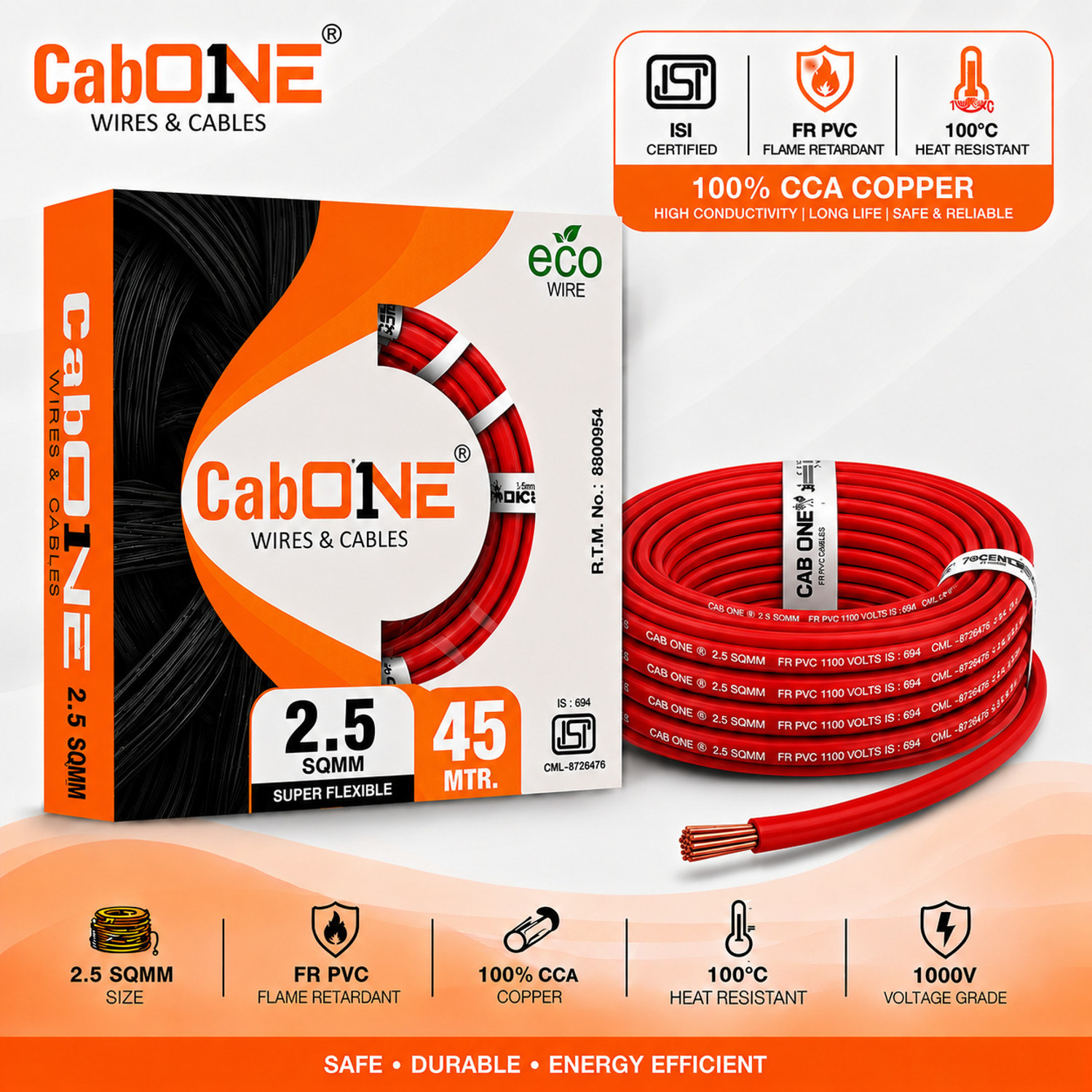 Image of CabONE Lite 2.5 Sqmm Electrical Wire|45M|Single Core|Copper|FR PVC Insulation Domestic 2.5 sq /mm Red 150 ft. Wire