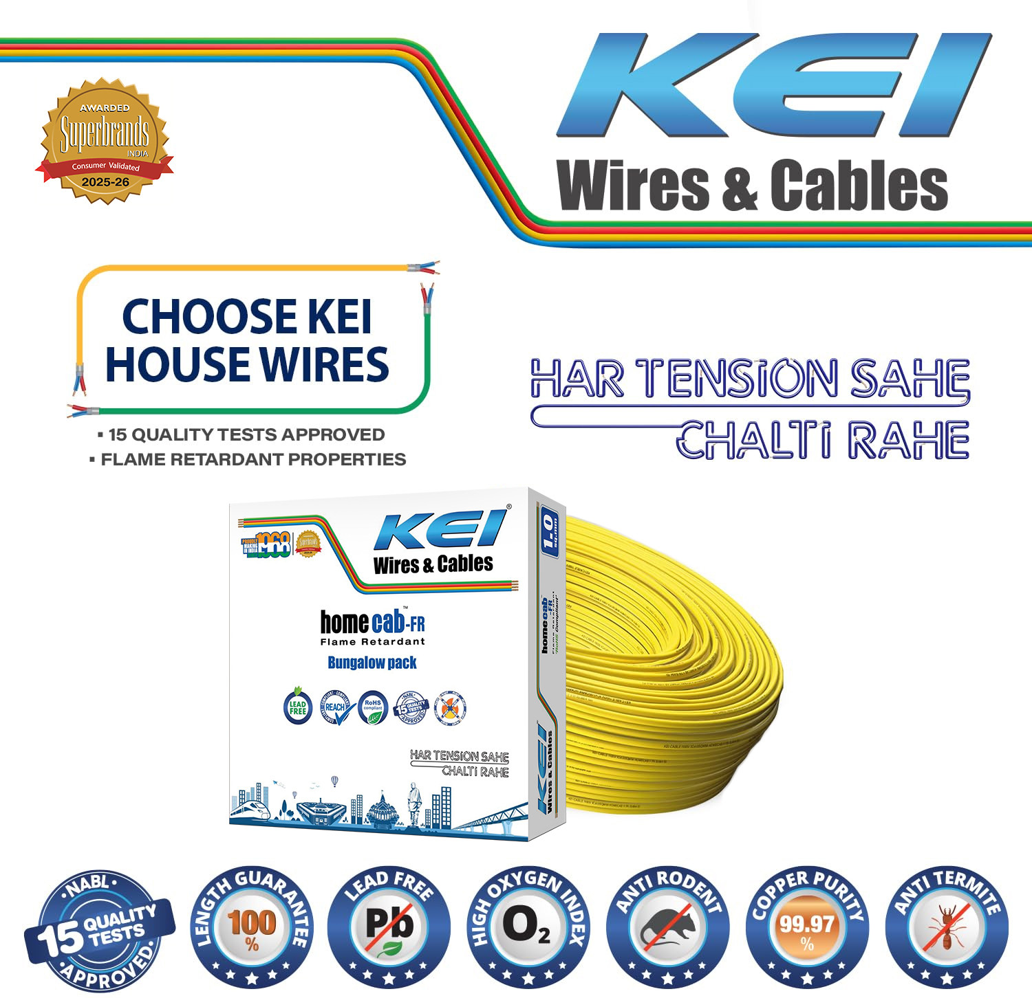 Image of KEI homecab, 99.97% Pure Copper Conductor FR PVC Insulated 1 sq /mm Yellow 180 m Wire