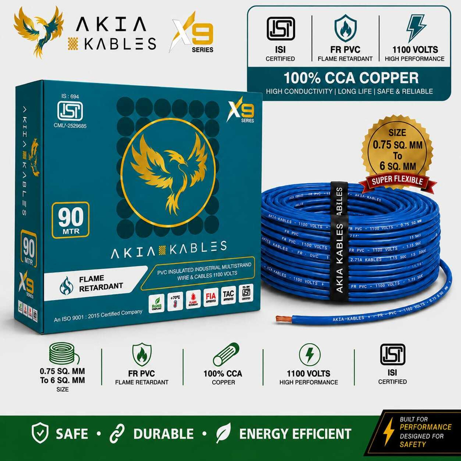 Image of AKIA KABLES 2.5 sq /mm PVC Insulated CCA 90M Copper Wire, Single Core Industrial Wiring Cab 2.5 sq /mm Blue 90 m Wire