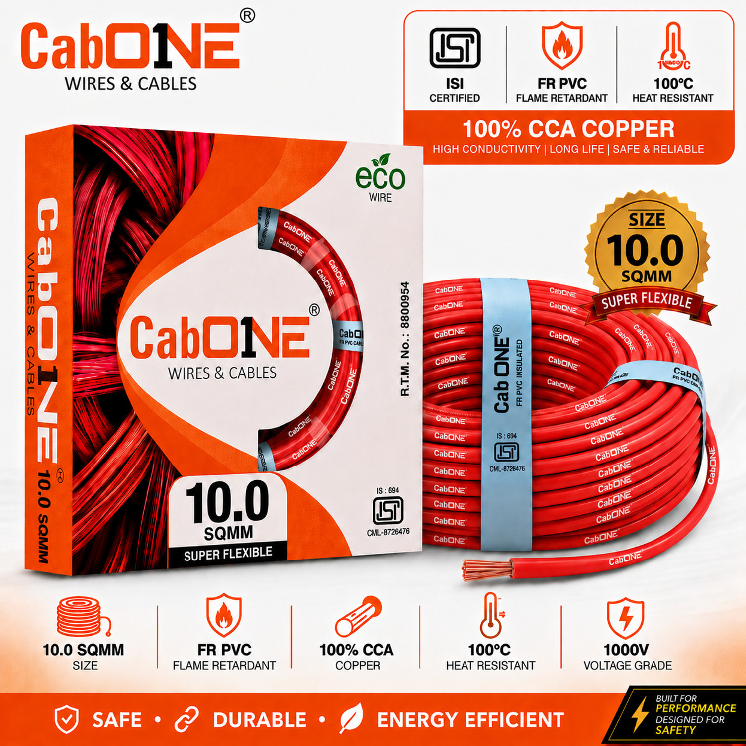 Image of CabONE Lite 10.0 Sqmm CCA Copper Wire | 90m | Single Core | FR PVC Insulated | Domestic 10 sq /mm Red 300 ft. Wire