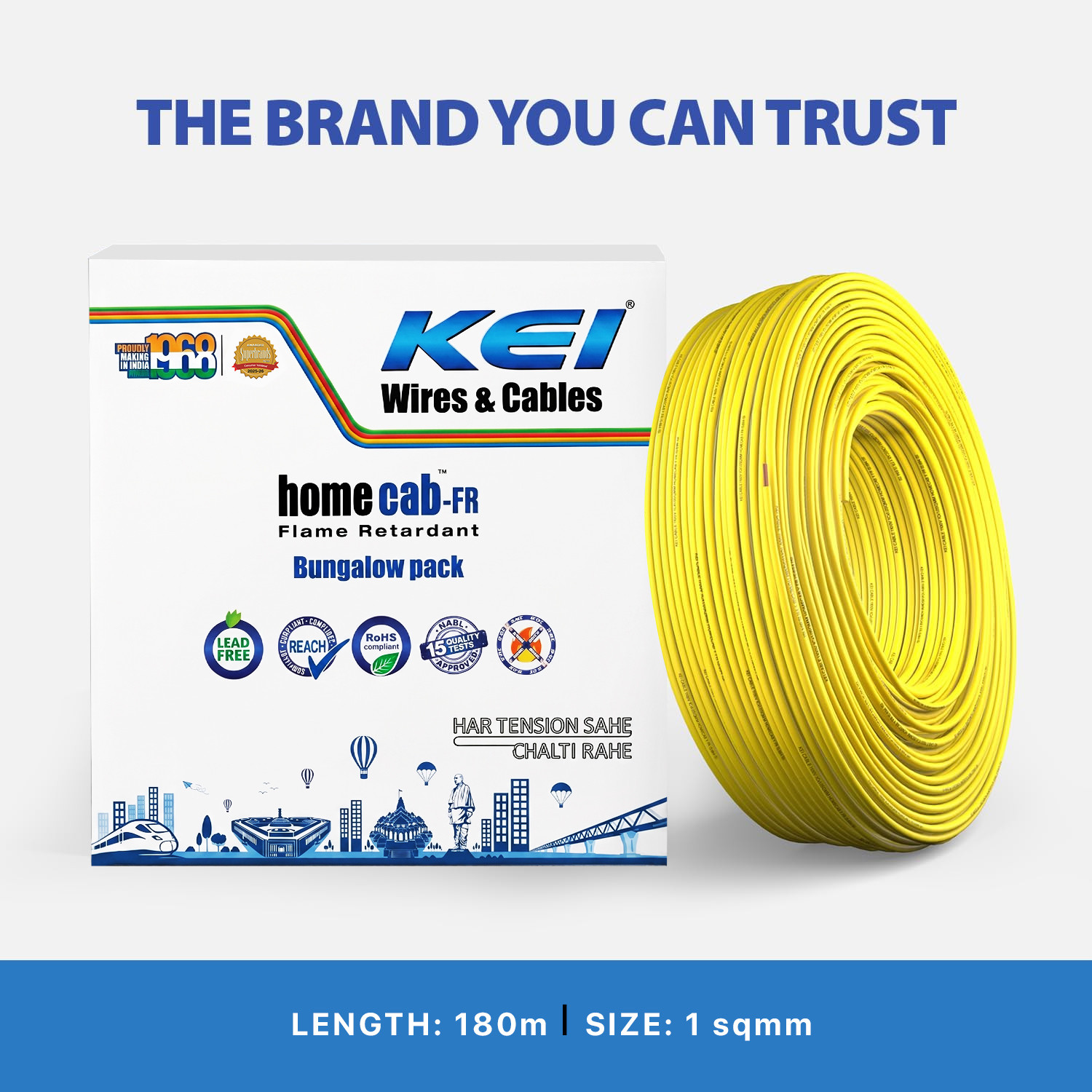 Image of KEI homecab, 99.97% Pure Copper Conductor FR PVC Insulated 1 sq /mm Yellow 180 m Wire