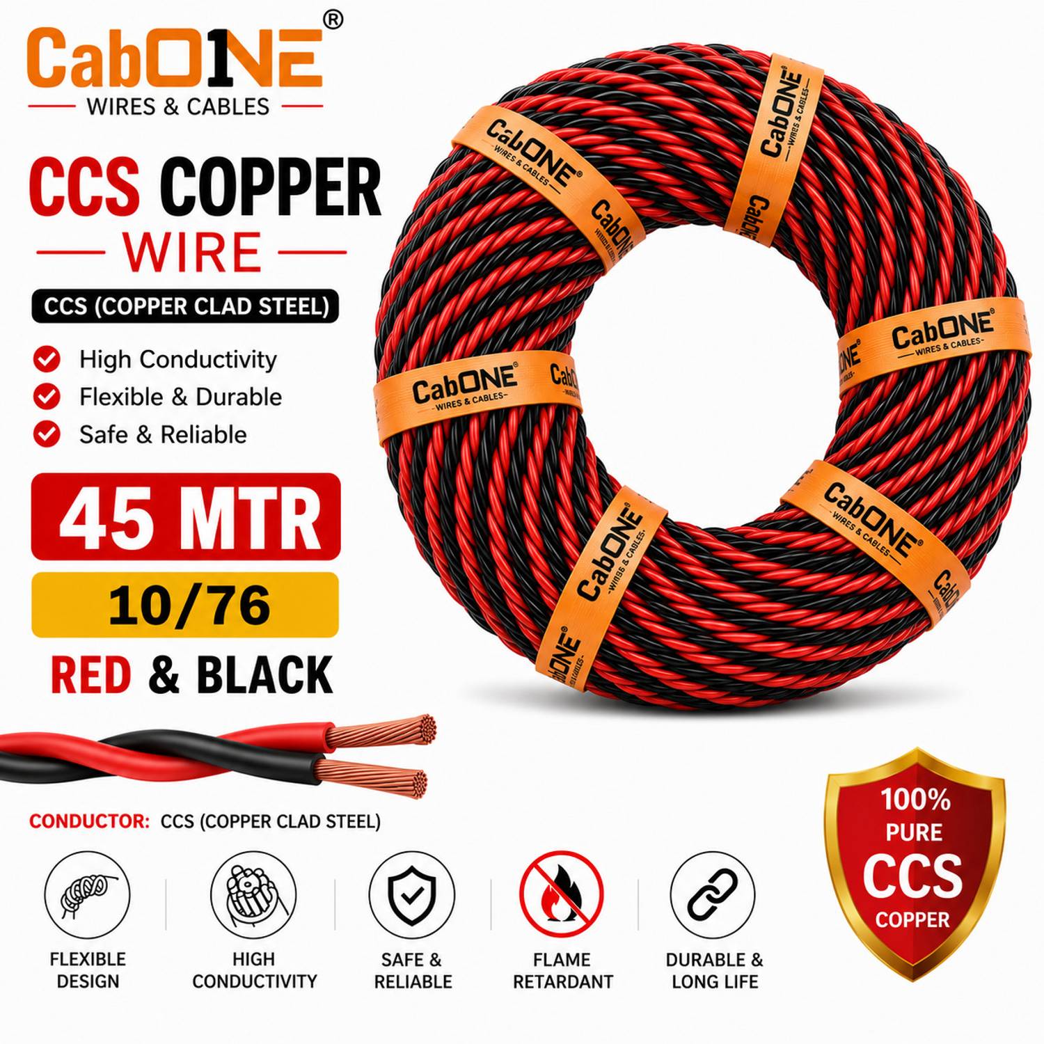 CabONE 10/76 PVC Flexible Twisted Copper Wire 2 Core Electric electrical Cable|90 MTR 0.25 sq/mm Red, Black 150 ft. Wire