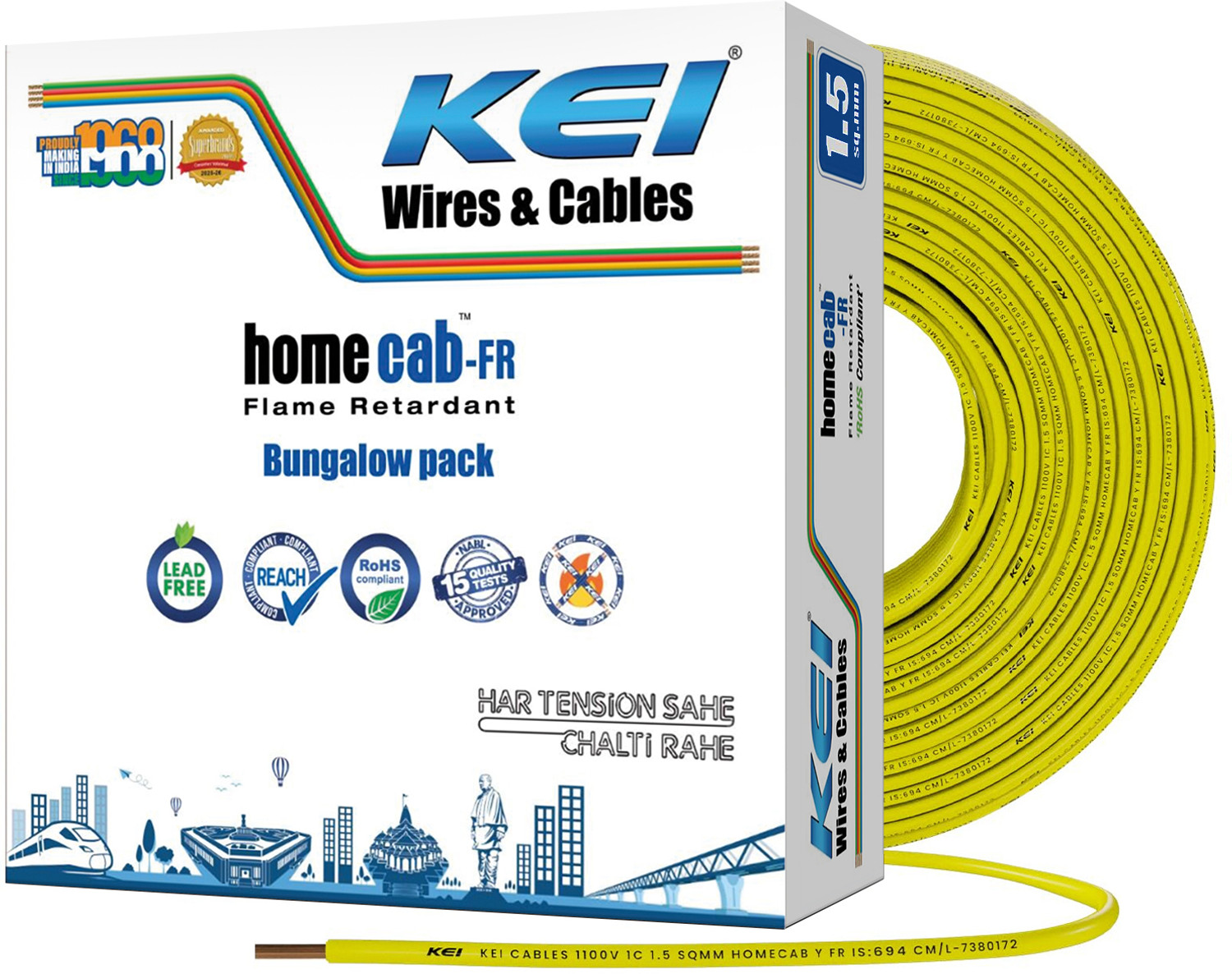 Image of KEI homecab, 99.97% Pure Copper Conductor FR PVC Insulated 1.5 sq /mm Yellow 180 m Wire