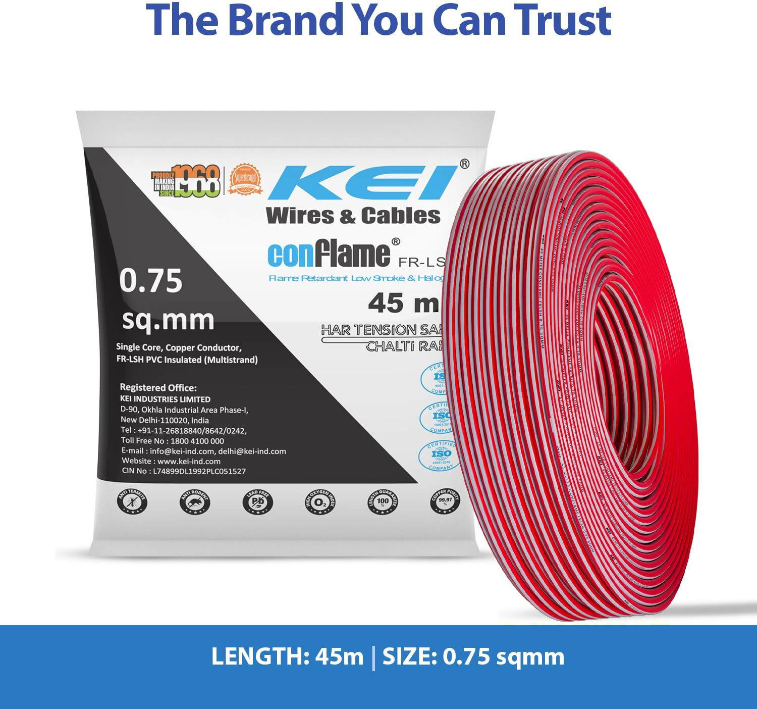 Image of KEI Conflame FRLSH,99.97% Pure Copper Conductor FRLSH PVC Insulated 0.75 Sq /mm Red 45 m Wire