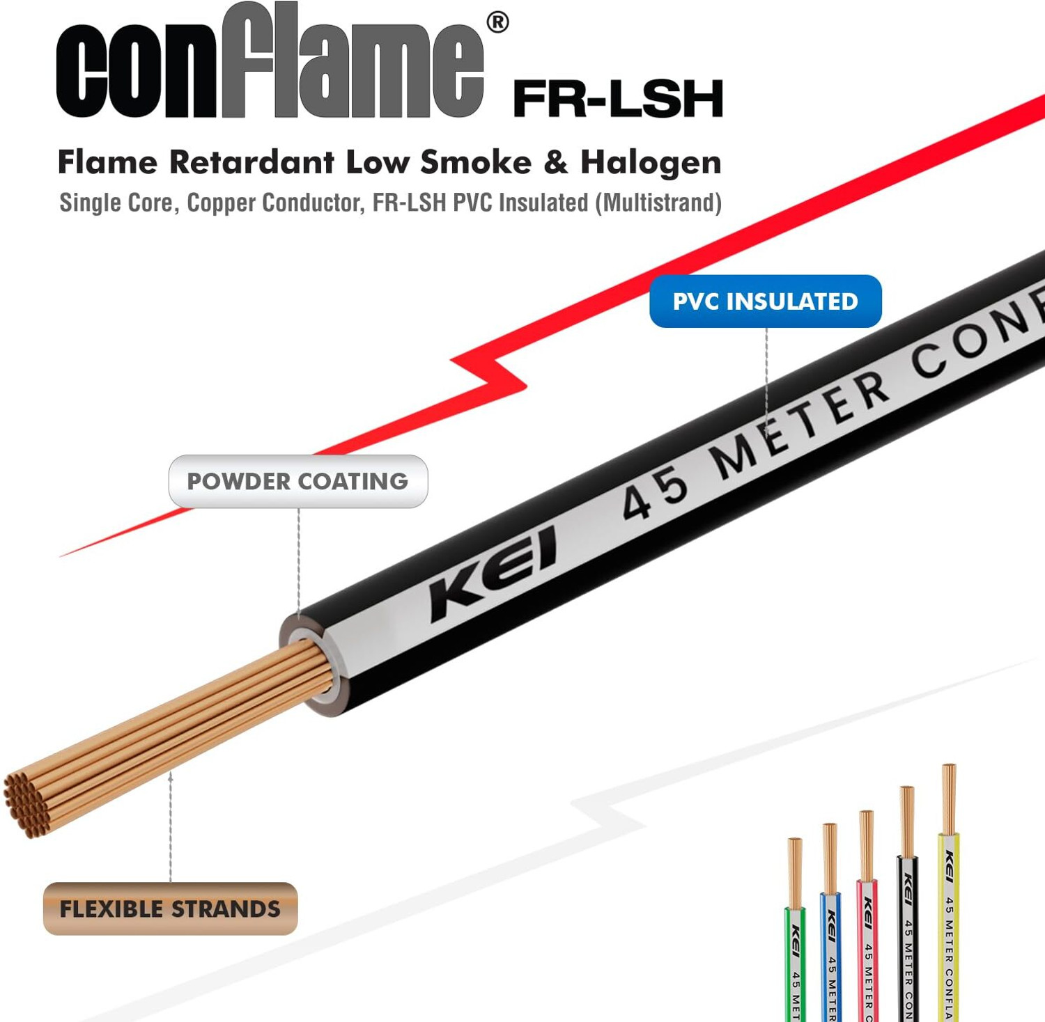 Image of KEI Conflame FRLSH,99.97% Pure Copper Conductor FRLSH PVC Insulated 2.5 Sq /mm Black 45 m Wire