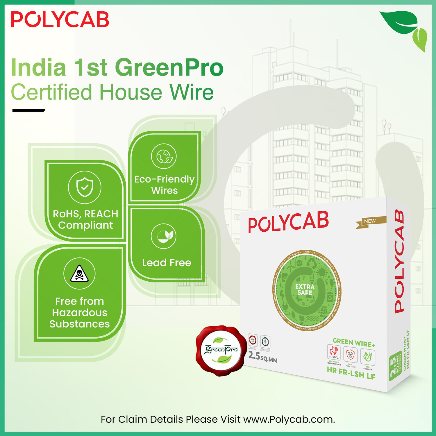 Image of Polycab Green Wire+ Heat resistant upto 900 C 99.97% high purity copper Eco friendly 1 sq /mm Red 90 m Wire