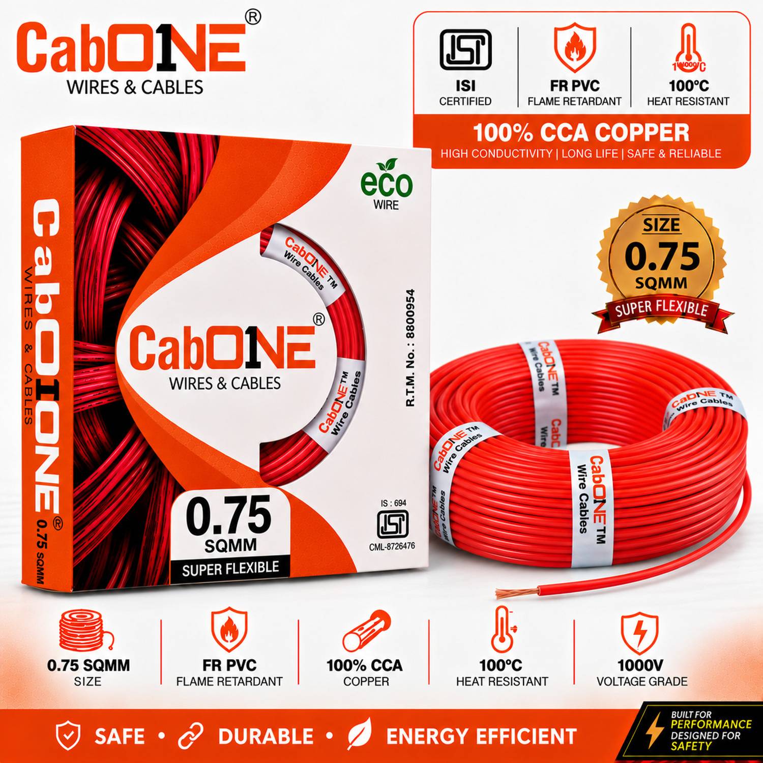 CabONE Premium Copper 0.75mm|90m|HFFR PVC Insulated Cable|Electrical House Wiring Cable 0.75 sq/mm Red 300 ft. Wire