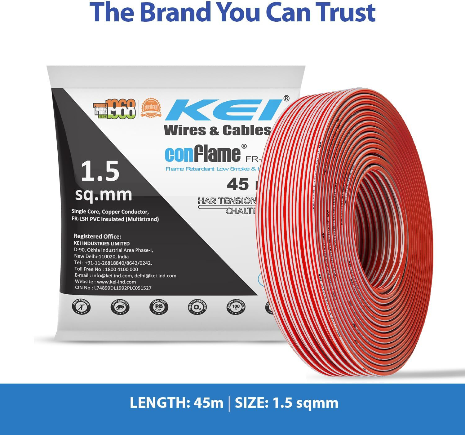Image of KEI Conflame FRLSH,99.97% Pure Copper Conductor FRLSH PVC Insulated 1.5 Sq /mm Black 45 m Wire