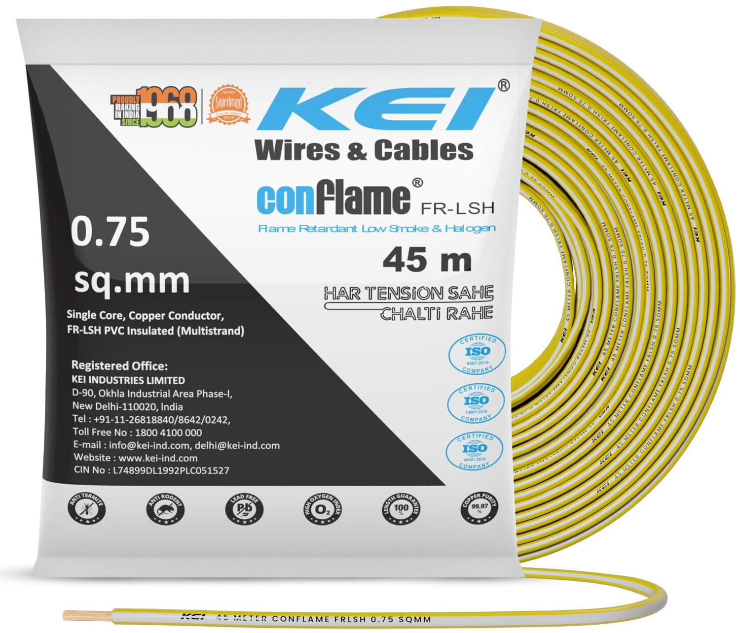 Image of KEI Conflame FRLSH,99.97% Pure Copper Conductor FRLSH PVC Insulated 0.75 Sq /mm Yellow 45 m Wire