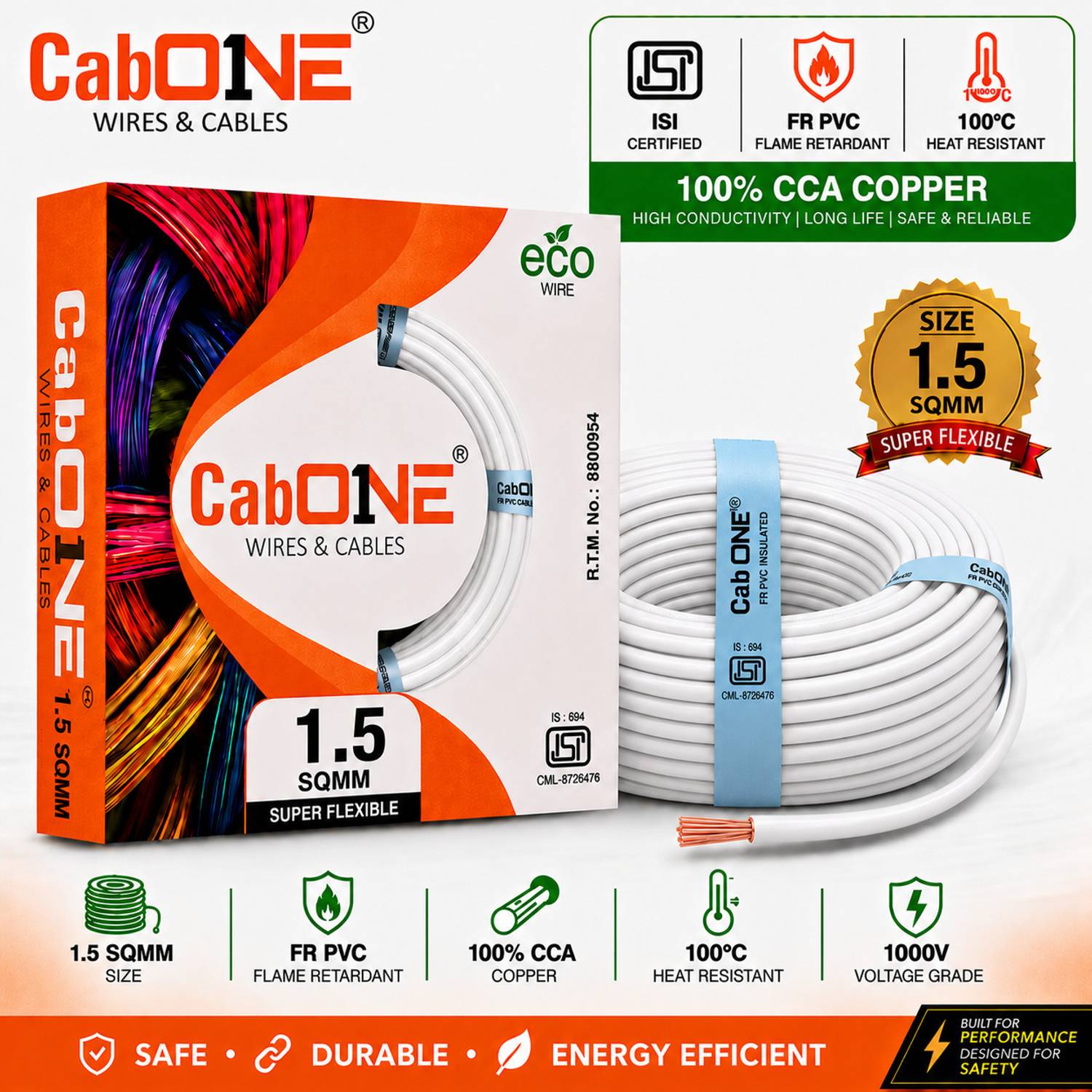 CabONE Premium Copper 1.5 mm|90m|HFFR PVC Insulated Cable|Electrical House Wiring Cable 1.5 sq/mm White 300 ft. Wire