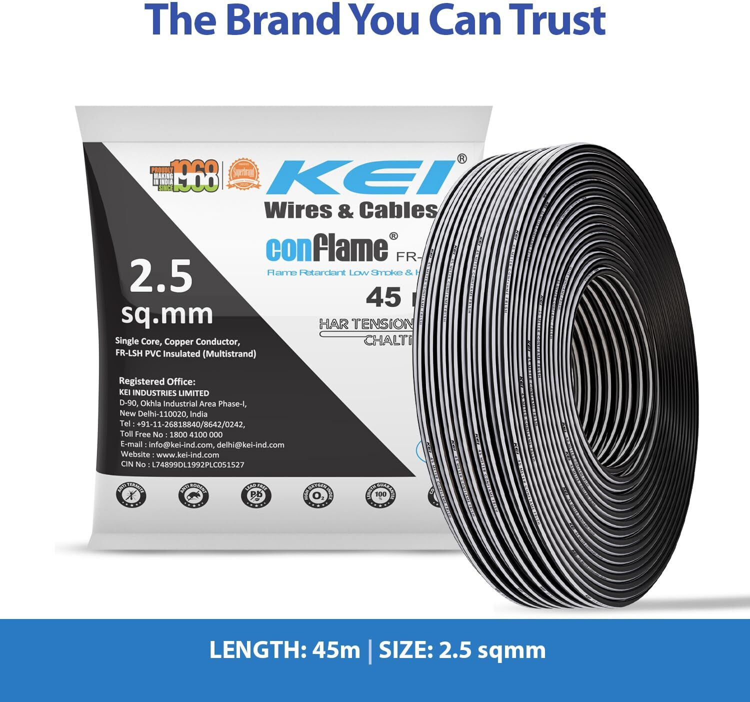 Image of KEI Conflame FRLSH,99.97% Pure Copper Conductor FRLSH PVC Insulated 2.5 Sq /mm Black 45 m Wire