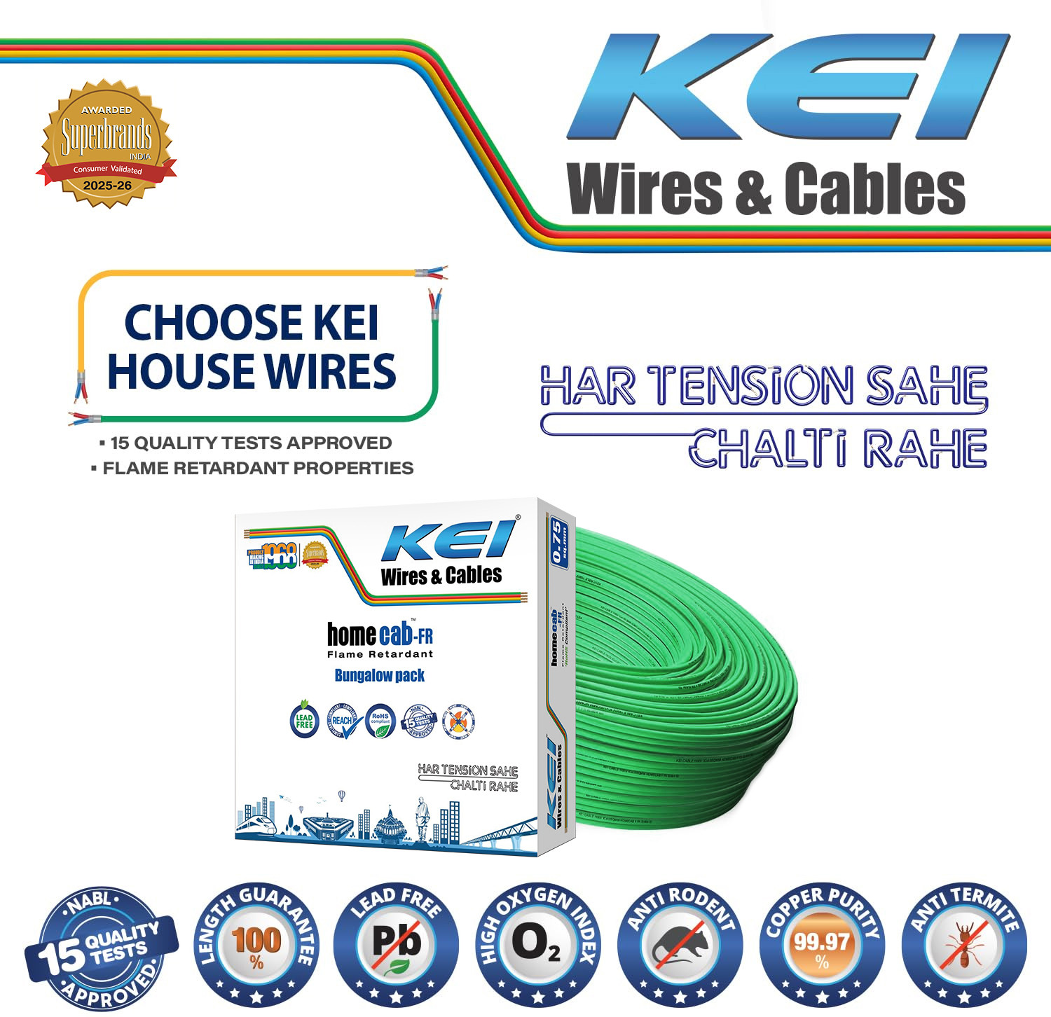 Image of KEI homecab, 99.97% Pure Copper Conductor FR PVC Insulated 0.75 sq /mm Green 180 m Wire