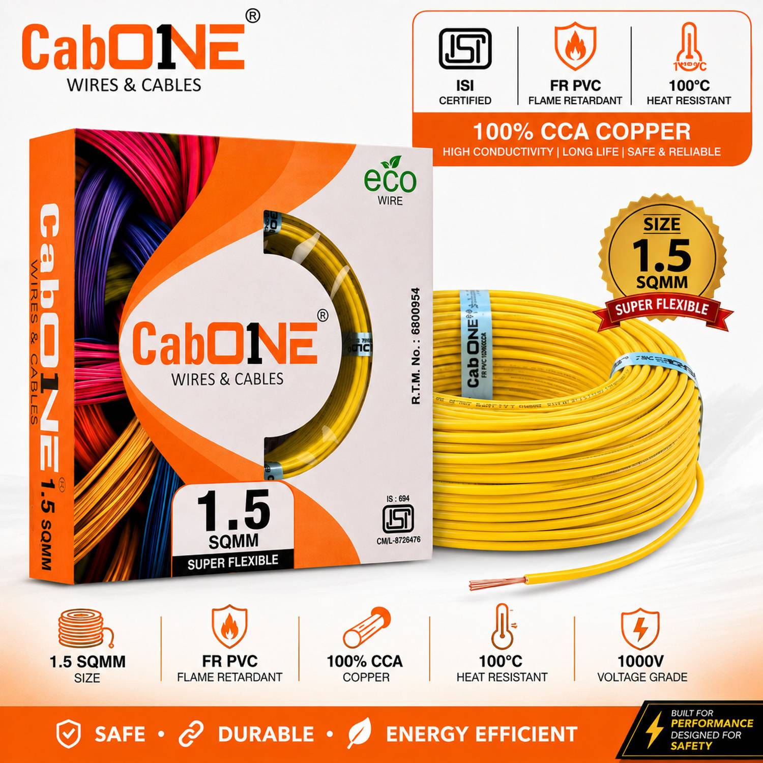 CabONE Premium Copper 1.5 mm|90m|HFFR PVC Insulated Cable|Electrical House Wiring Cable 1.5 sq/mm Yellow 300 ft. Wire