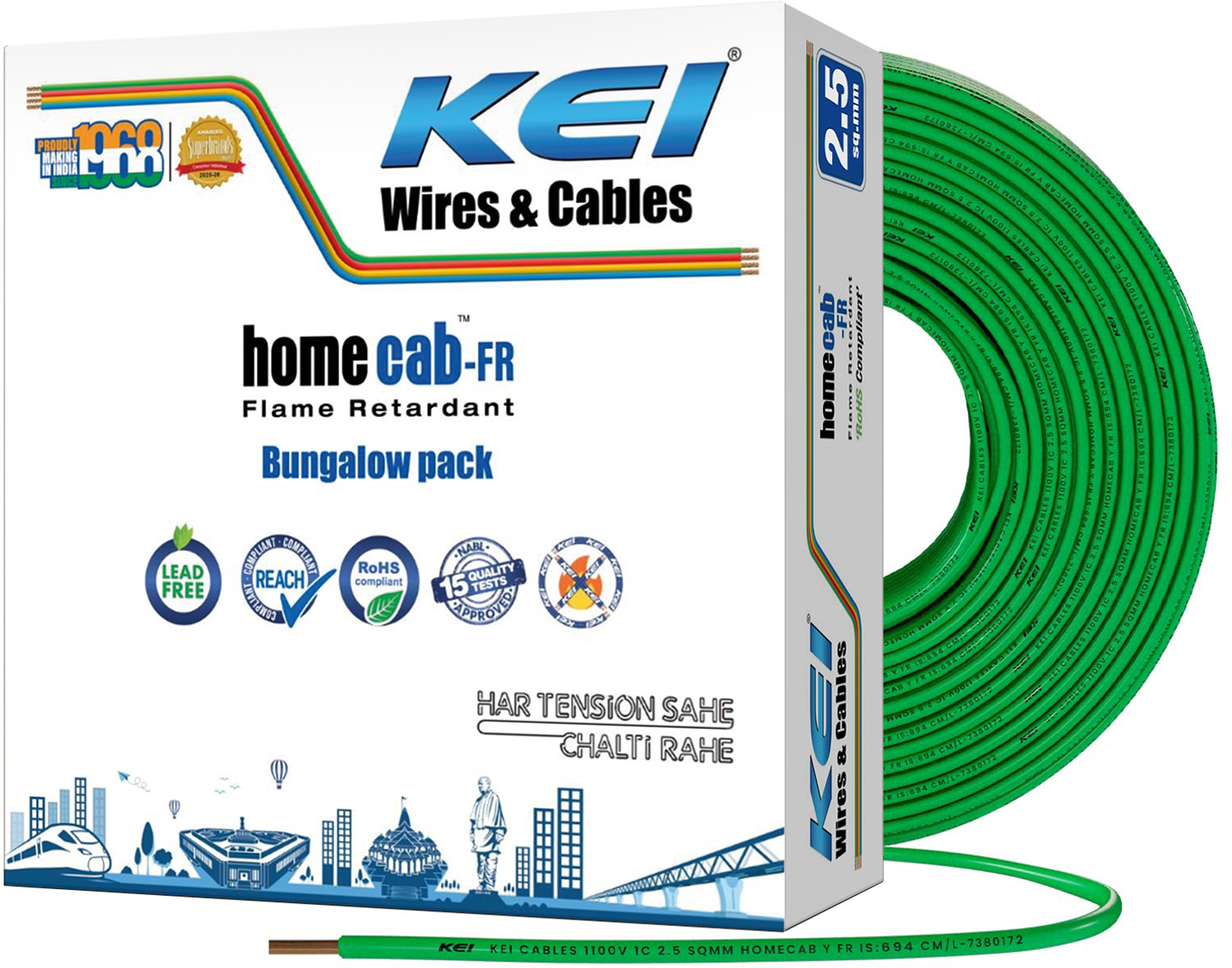 Image of KEI homecab, 99.97% Pure Copper Conductor FR PVC Insulated 2.5 sq /mm Green 180 m Wire