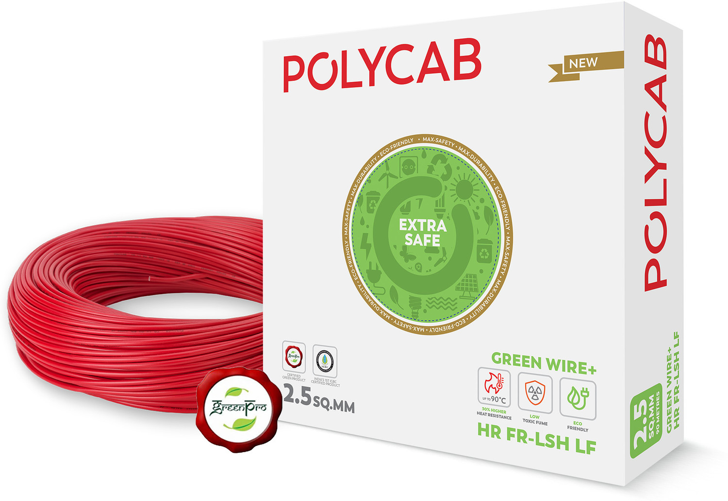 Image of Polycab Green Wire+ Heat resistant upto 900 C 99.97% high purity copper Eco friendly 1 sq /mm Red 90 m Wire