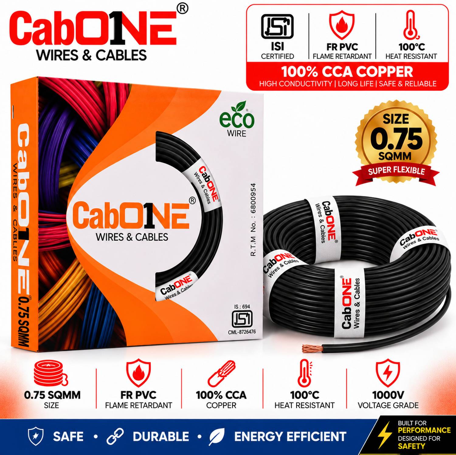 CabONE Premium Copper 0.75mm|90m|HFFR PVC Insulated Cable|Electrical House Wiring Cable 0.75 sq/mm Black 300 ft. Wire