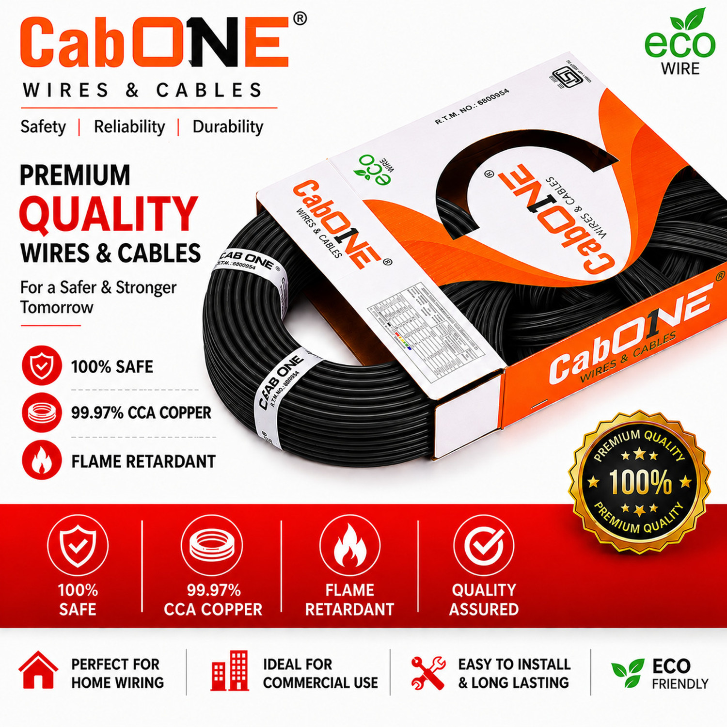 Image of CabONE Lite 1.0 Sqmm Electrical Wire|45M|Single Core|Copper|FR PVC Insulation Domestic 1 sq /mm Black 150 ft. Wire
