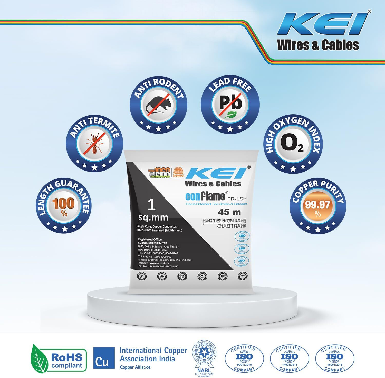 Image of KEI Conflame FRLSH,99.97% Pure Copper Conductor FRLSH PVC Insulated 1 Sq /mm Yellow 45 m Wire