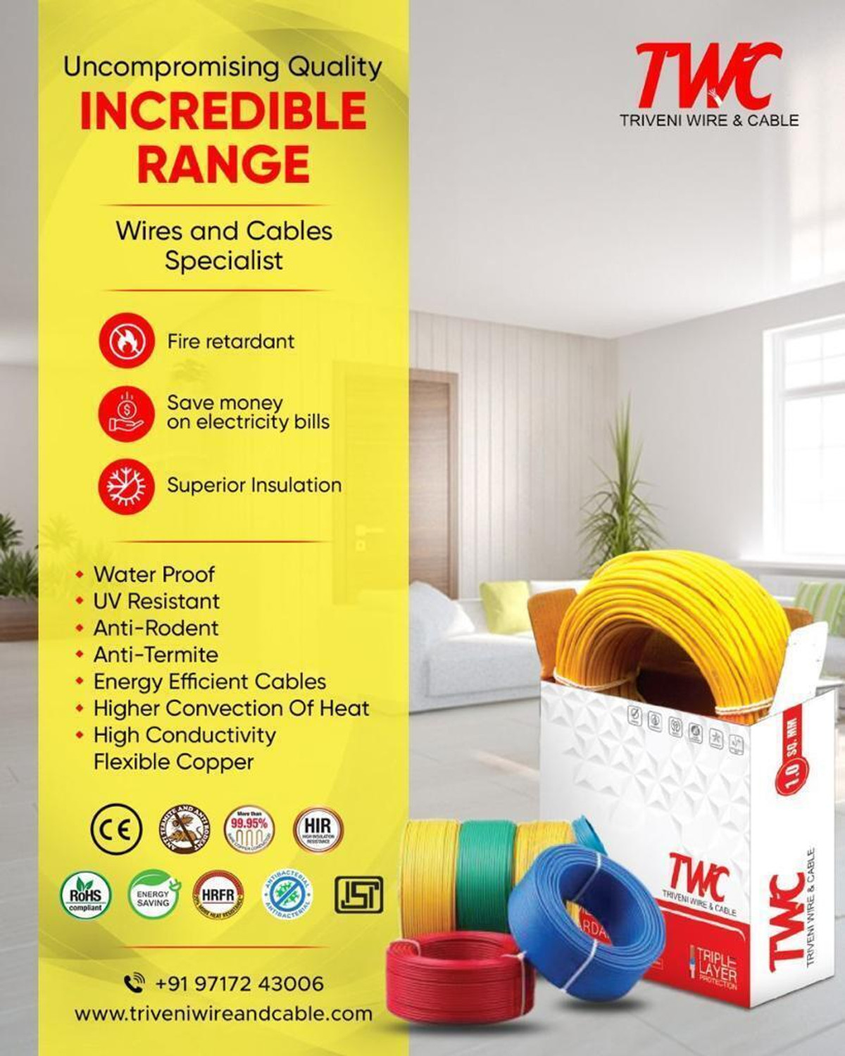 Image of TWC Advance Single Core FR PVC Insulated Electric Wire For Home, Building & Industry 1 sq /mm Yellow 90 m Wire