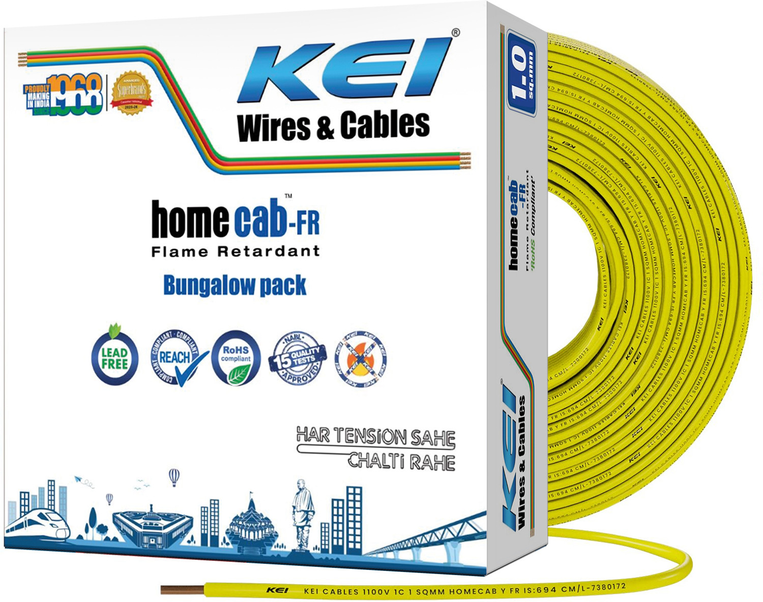 Image of KEI homecab, 99.97% Pure Copper Conductor FR PVC Insulated 1 sq /mm Yellow 180 m Wire