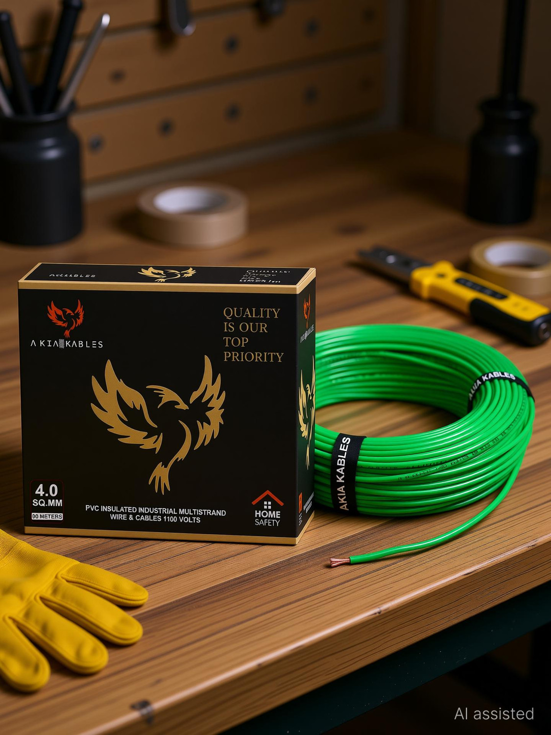 Image of AKIA KABLES PVC Insulated CCA Copper Wire, Single Core Multi-Strand Industrial Wiring Cable 4 sq /mm Green 90 m Wire