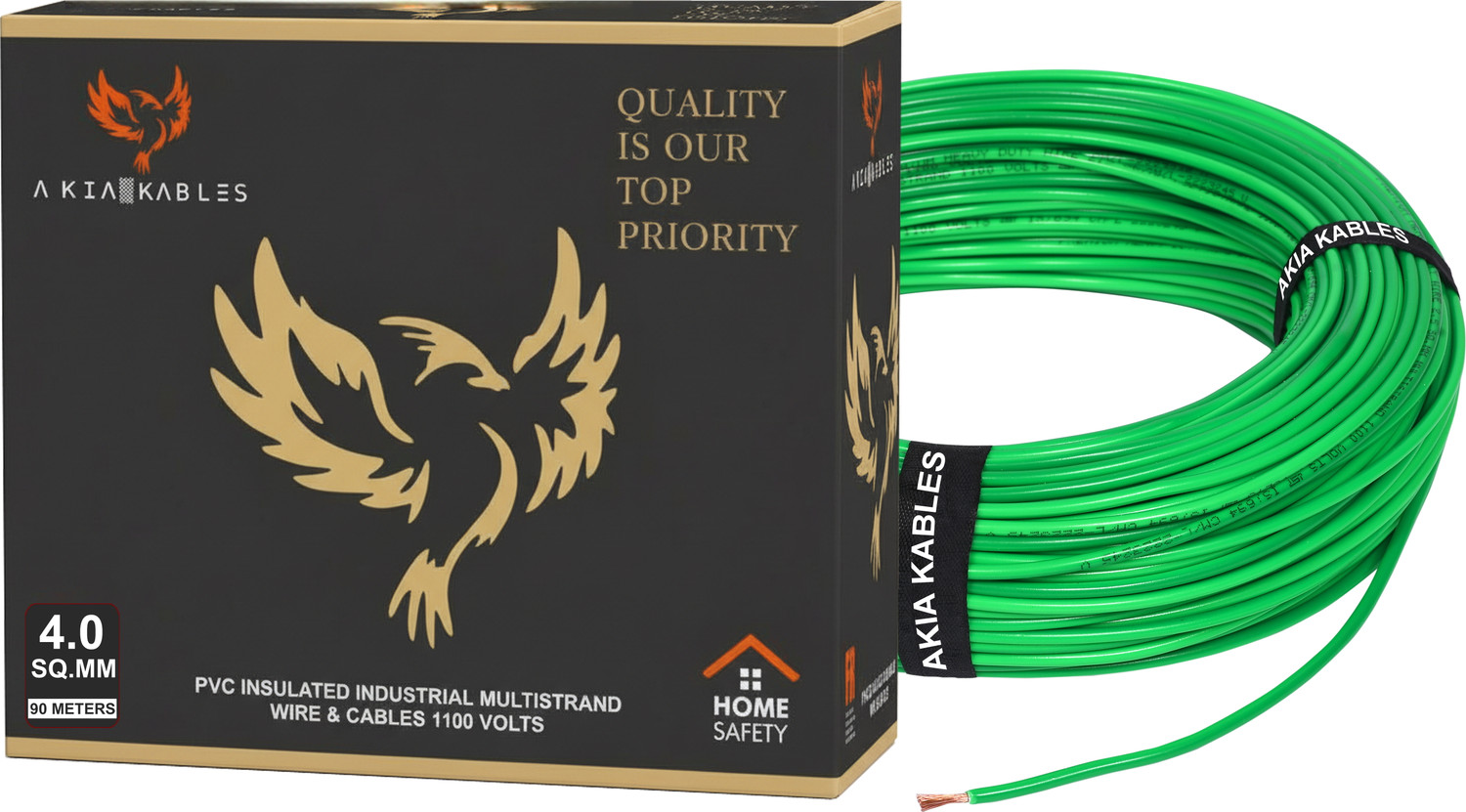 Image of AKIA KABLES PVC Insulated CCA Copper Wire, Single Core Multi-Strand Industrial Wiring Cable 4 sq /mm Green 90 m Wire