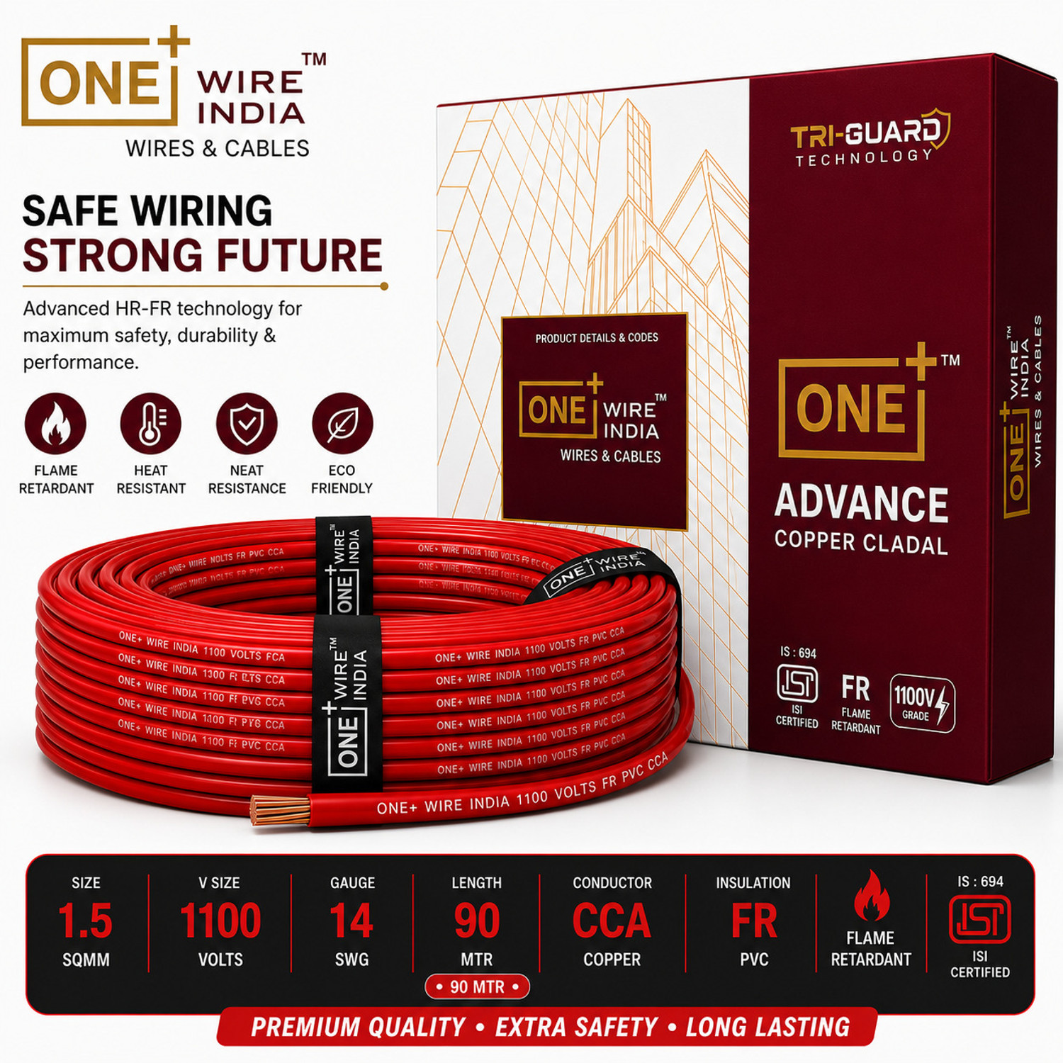 Image of ONE+WIRE INDIA 1.5SQMM Copper Wire 1.5 sq /mm Red 90 m Wire
