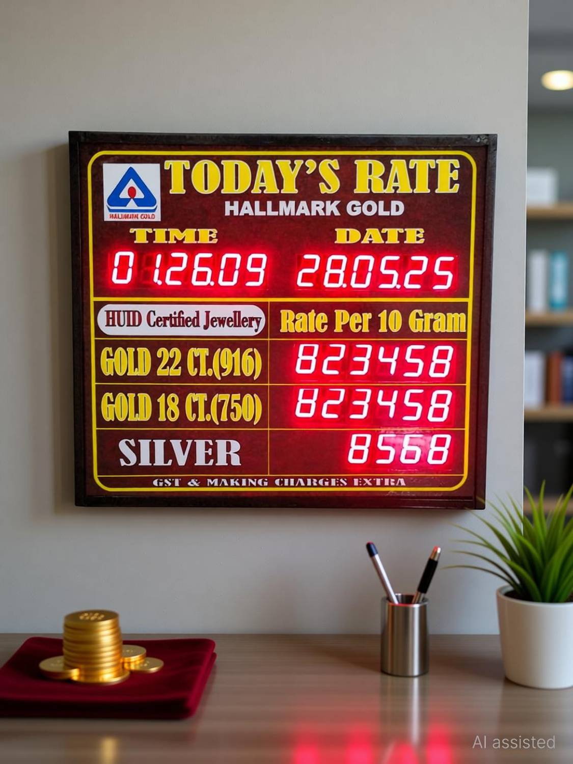A2mation 12 X 14 2 GOLD 1 SILVER RATE BROWN WITH TIME & DATE LED Display