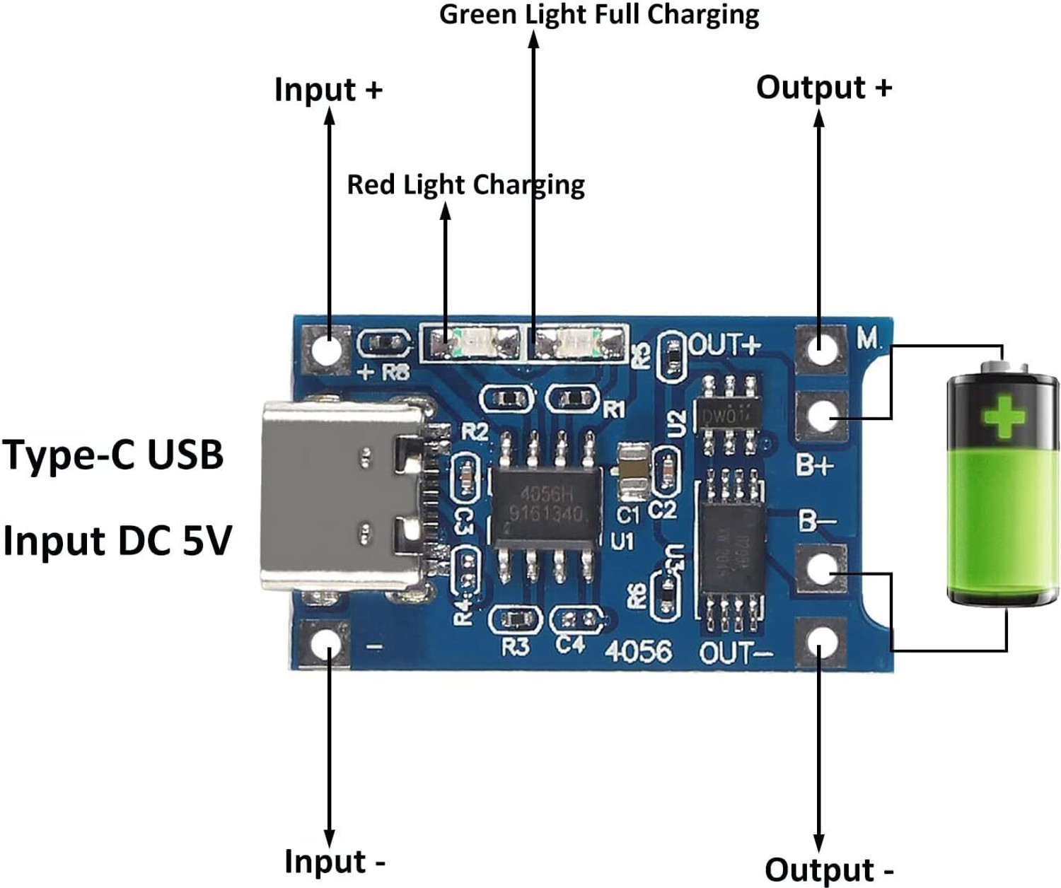 Image of Roboway TP4056 1A Li-Ion Lithium Battery Charging Module, Current Protection, Type C Power Supply Electronic Hobby Kit