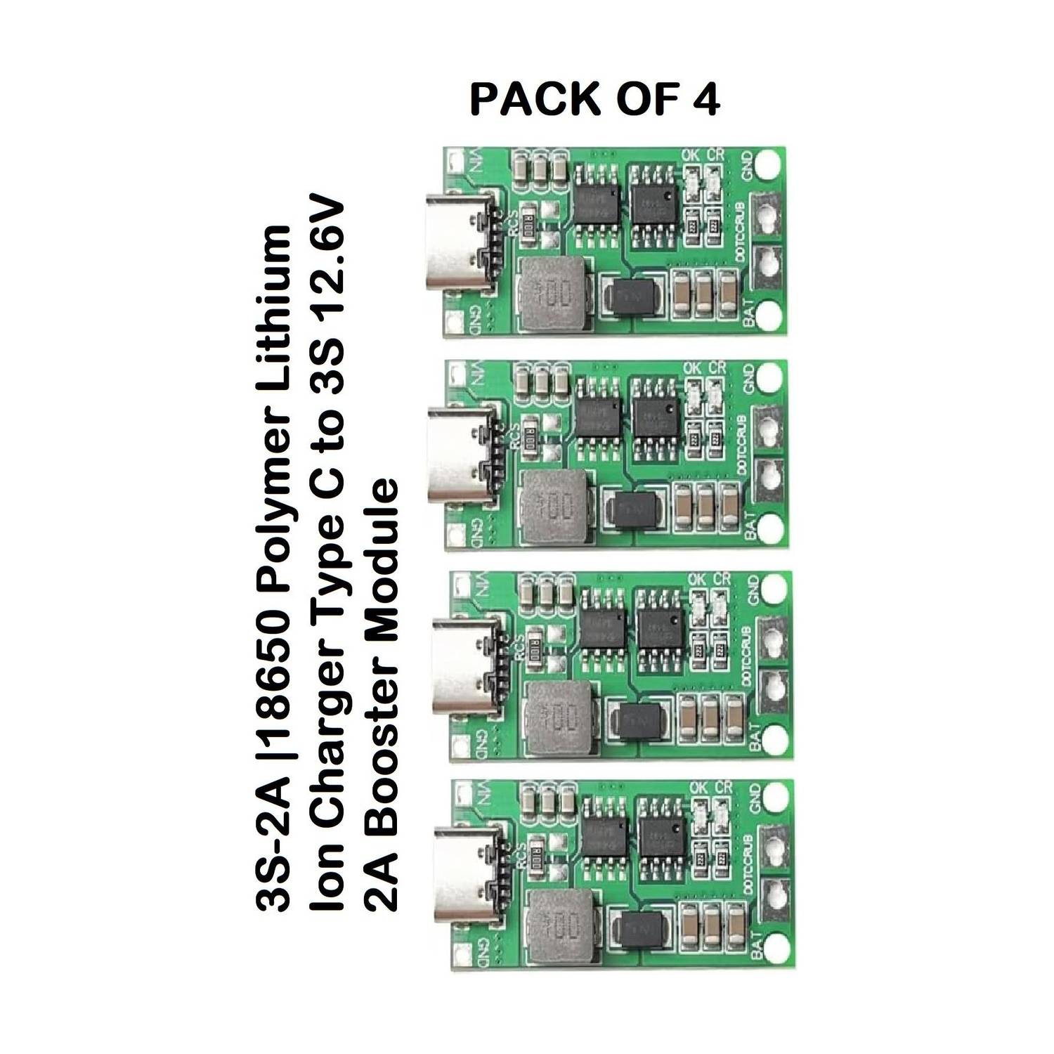3REE PACK OF 4 3S2A 18650 Lithium Ion Charger Type C to 3S 12.6V 2A Booster Module Electronic Components Electronic Hobby Kit
