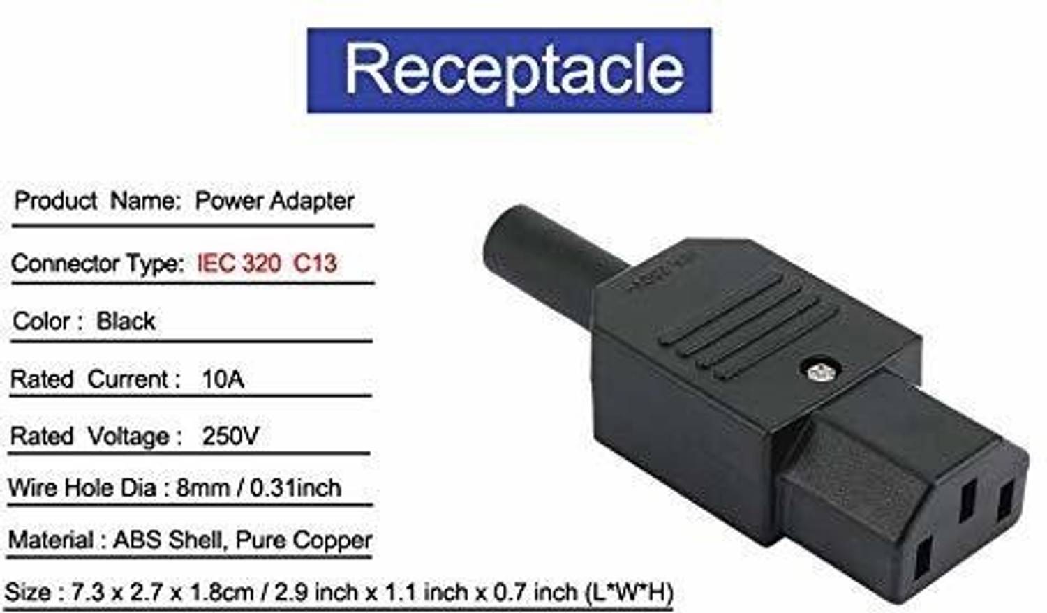 New Lon0167 10Pcs AC 250V 10A 3 Terminals C14 Male Connector Power