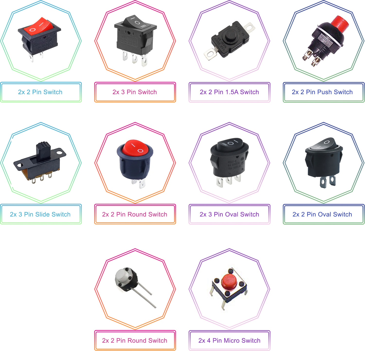 Image of SYMFONIA Combo Of 10 Types Switchs Rocker Push Slide 2 Pieces Each for Project Electronic Components Electronic Hobby Kit