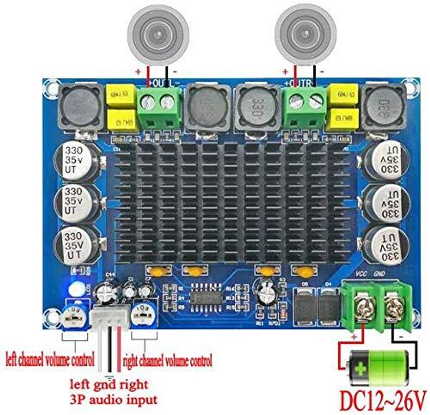 DHRUV-PRO Audio Amplifier TPA3116D2 Dual Channel Board XH-M543, DC12-26V 2x120W DIY Module Electronic Components Electronic Hobby Kit - Image 2