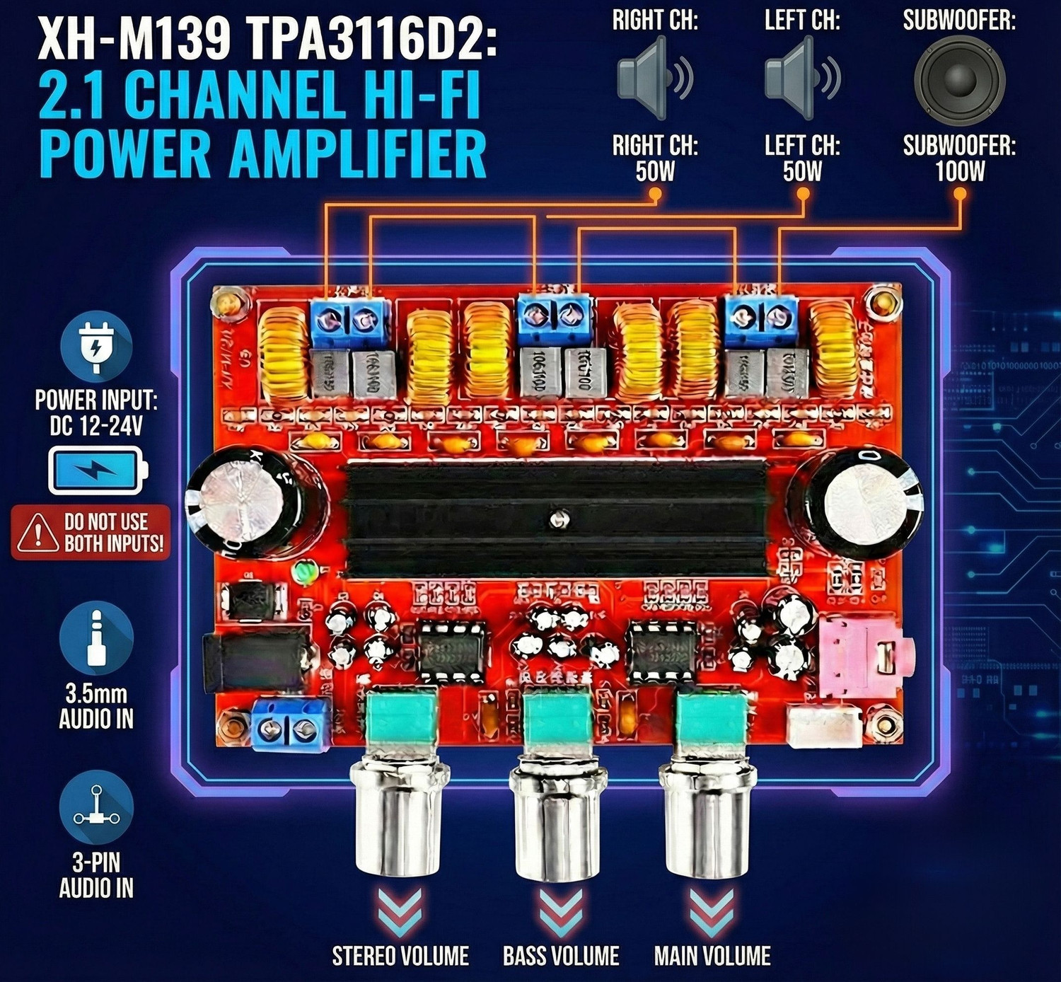 Image of CocksComb TPA3116D2 Dual Channel Digital Audio Amplifier Board - 50W+50W Stereo Sound Recorder and Sound Circuit Electronic Hobby Kit
