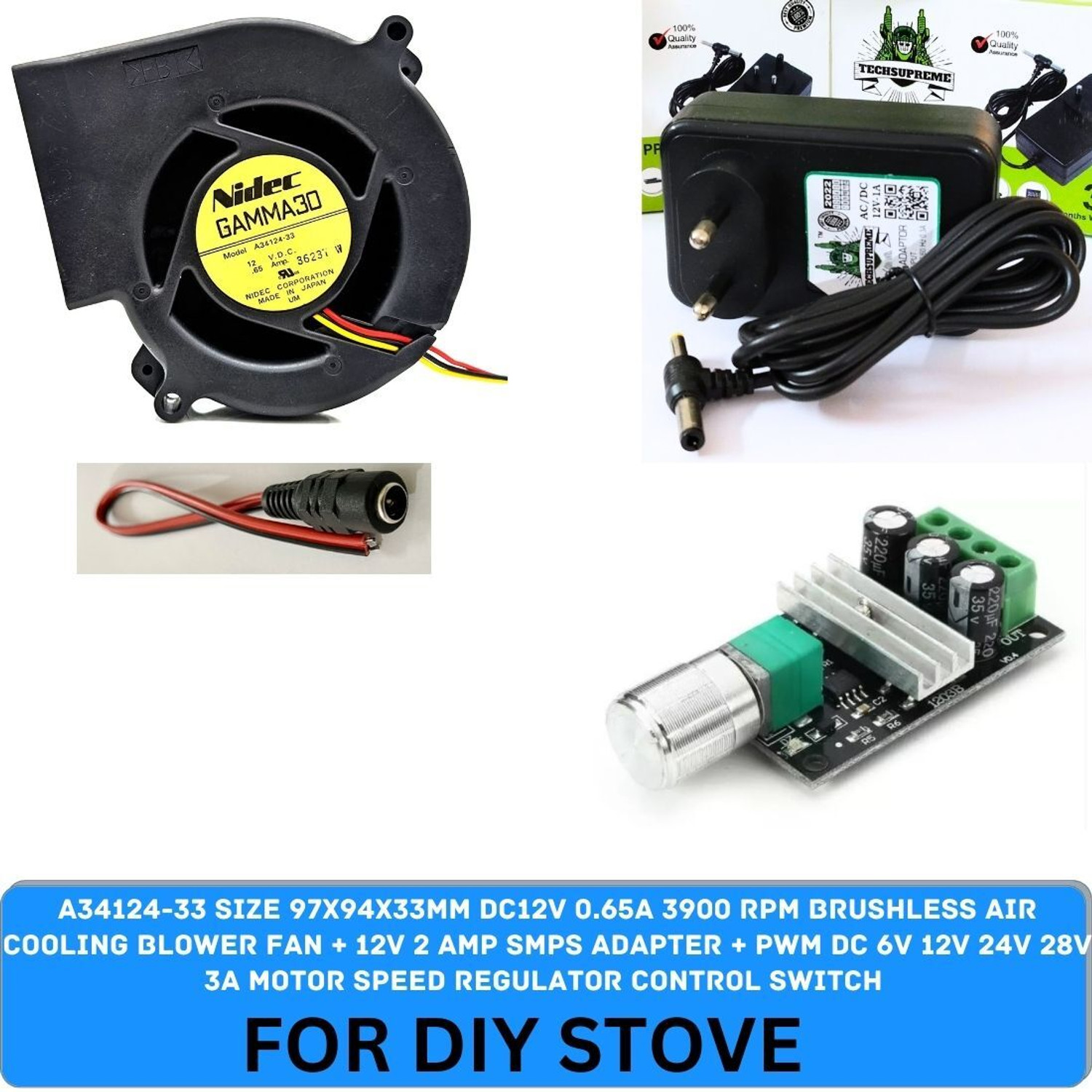 Image of Spire DIY Stove 12v Blower Fan 12V 2Amp Adapter, DC Connector & PWM regulator Motor Control Electronic Hobby Kit
